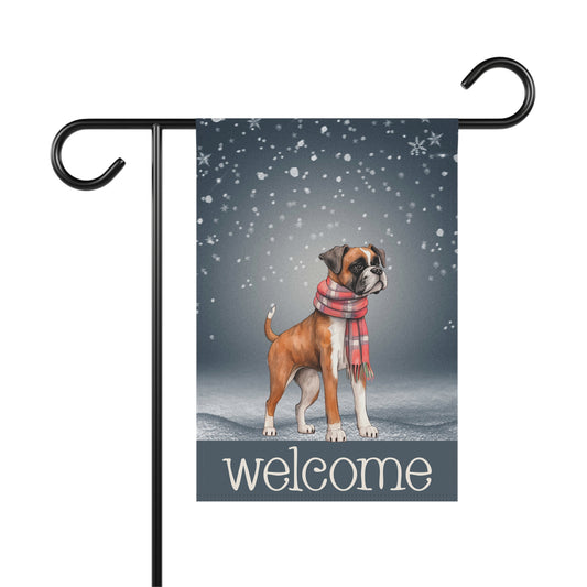 Snowy Welcome Boxer in Scarf 2-Sided Garden & House Flag/Banner