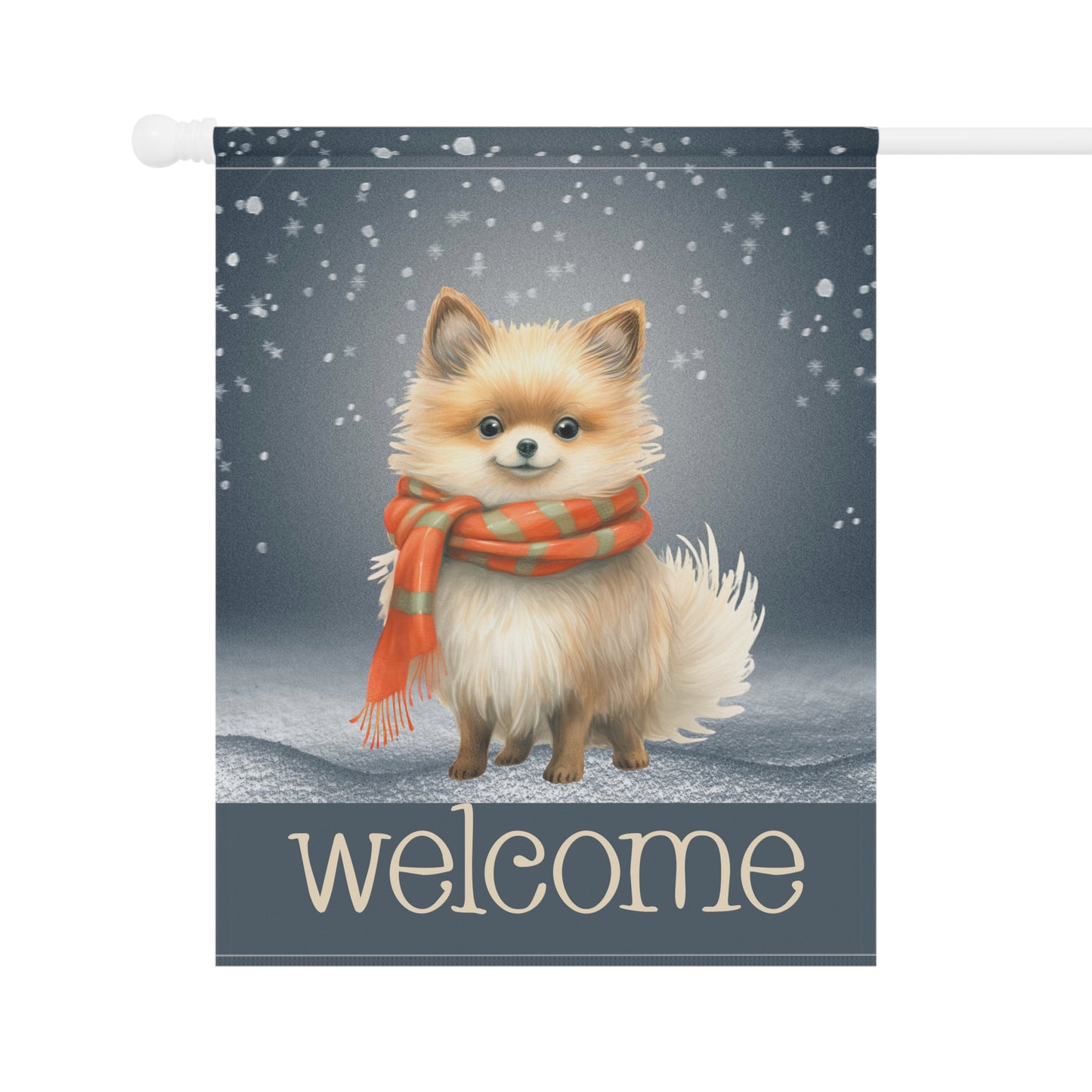 Snowy Welcome Pomeranian in Scarf 2-Sided Garden & House Flag/Banner