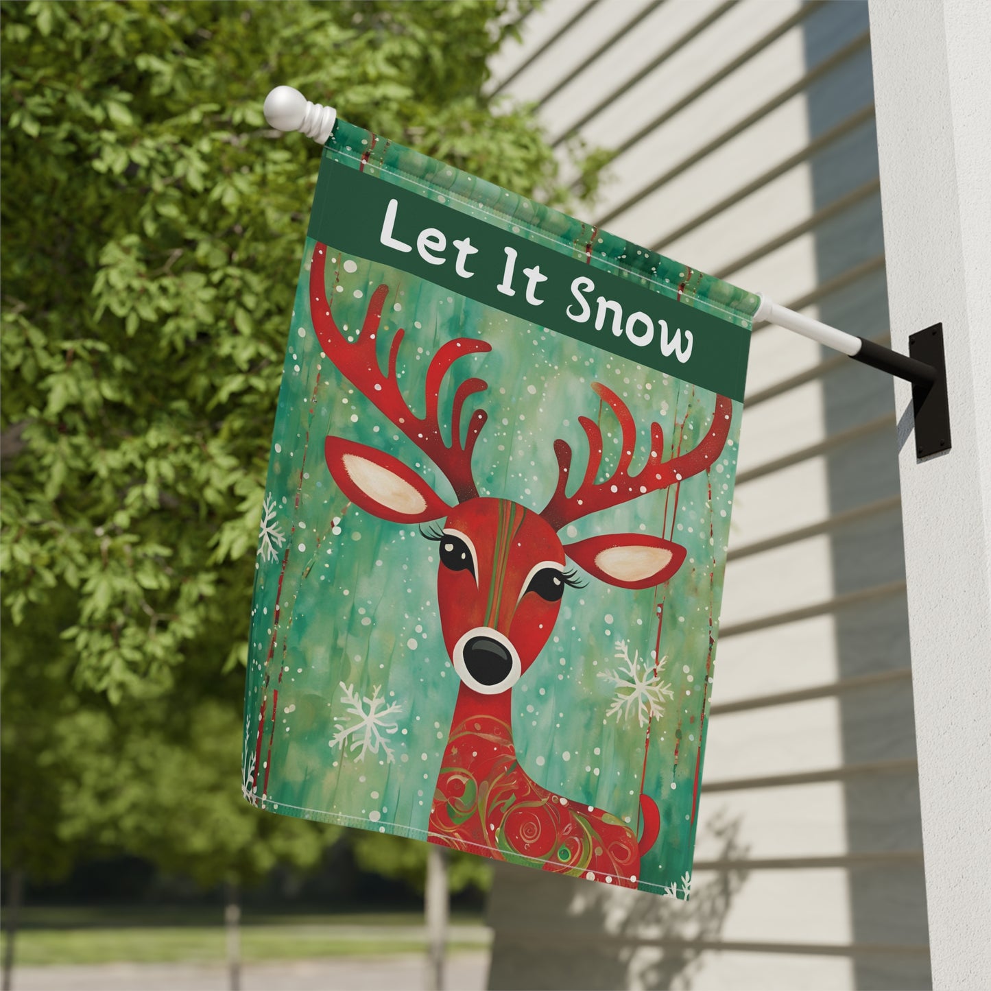 Red Reindeer Let it Snow 2-Sided Garden & House Flag/Banner