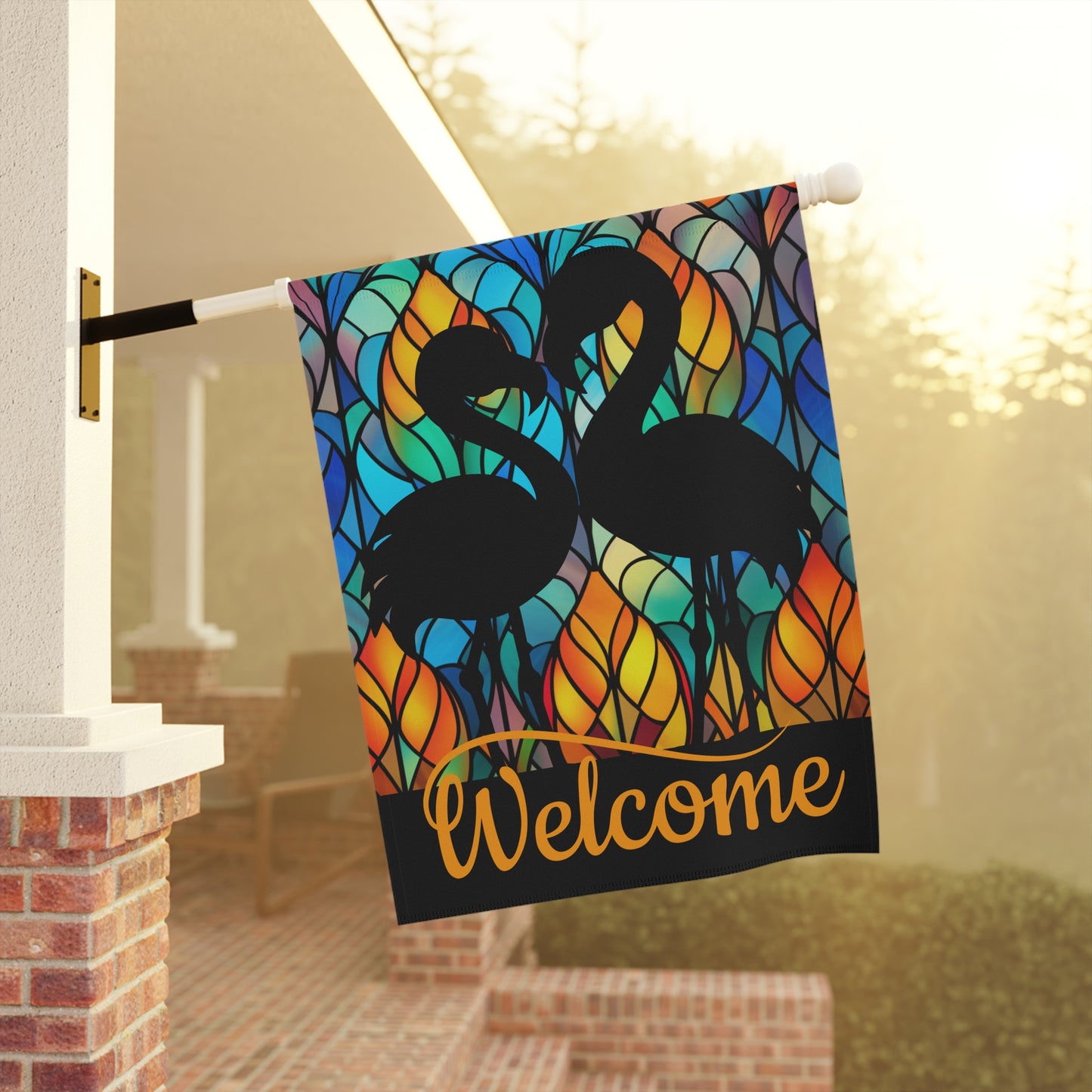 Flamingos on Stained Glass Welcome 2-Sided Garden & House Flag/Banner