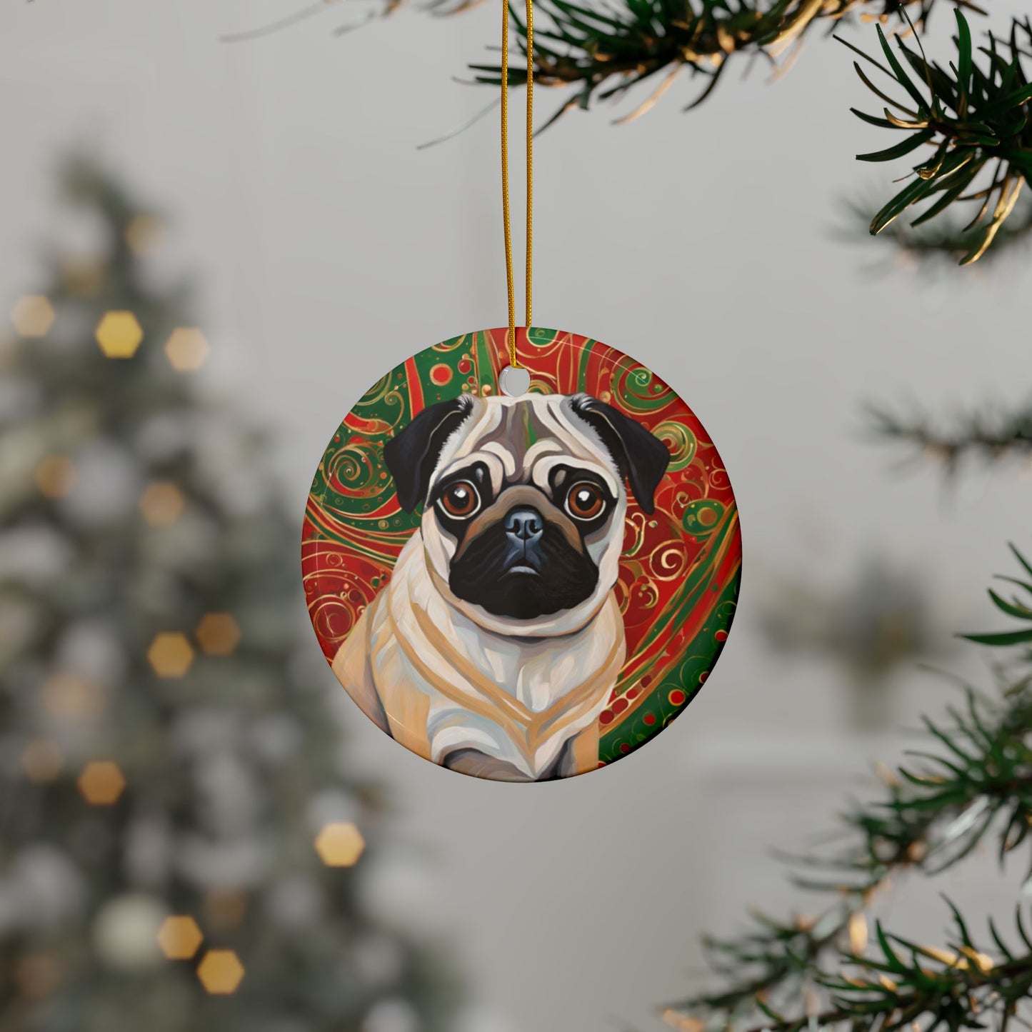 Pug Christmas 3" Ceramic Ornaments, 2-Side Print, (1pc, 10pcs)