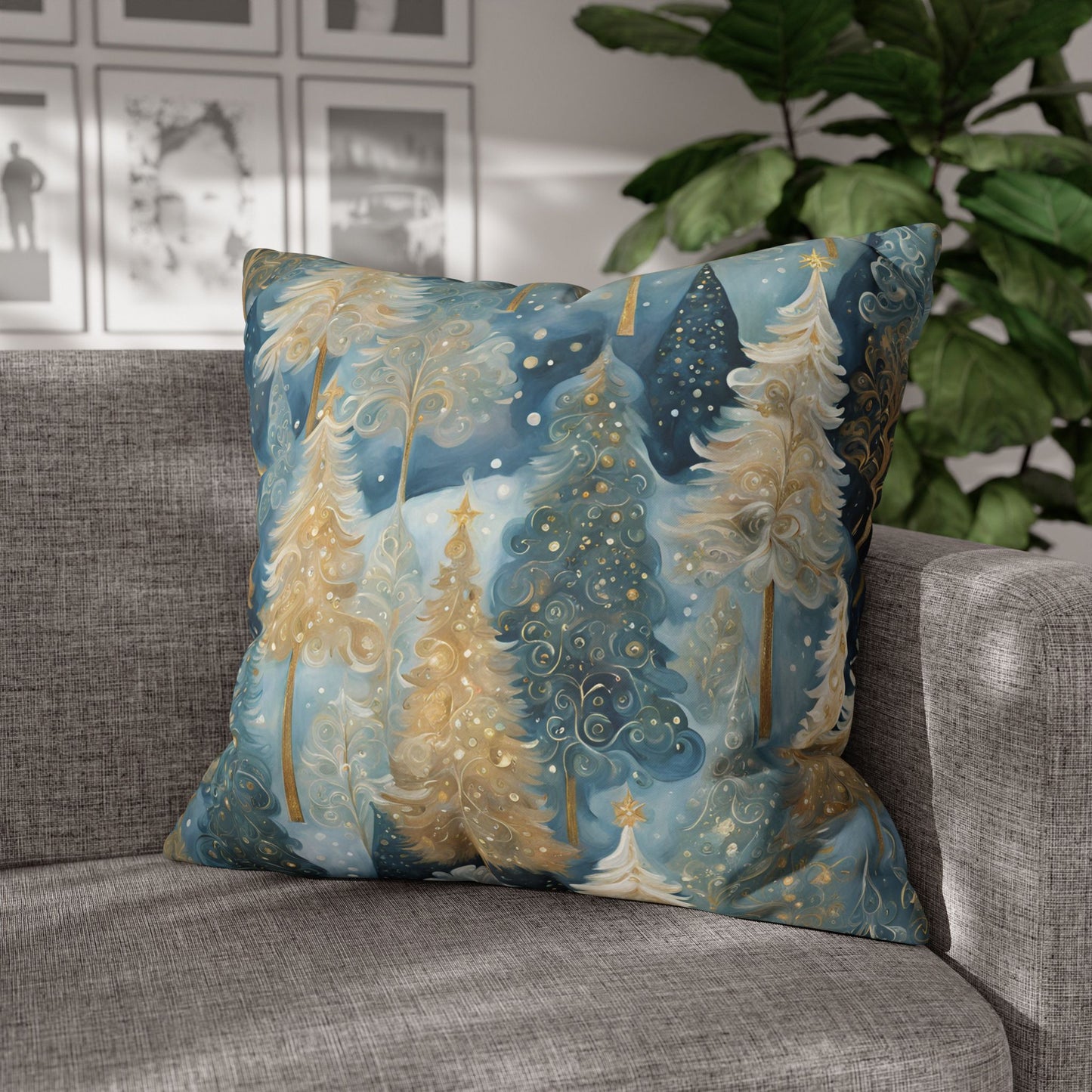 Blue & Cream Trees Square Poly Canvas Pillowcase