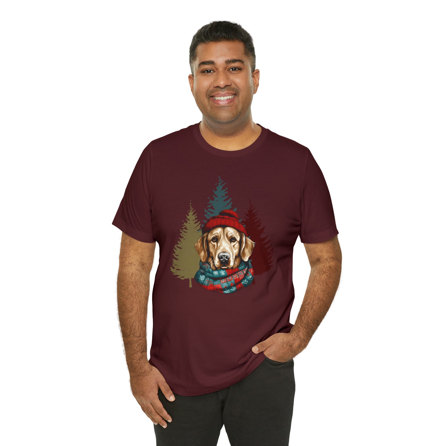 Golden Retriever in Hat & Scarf Unisex Jersey Short Sleeve Tee