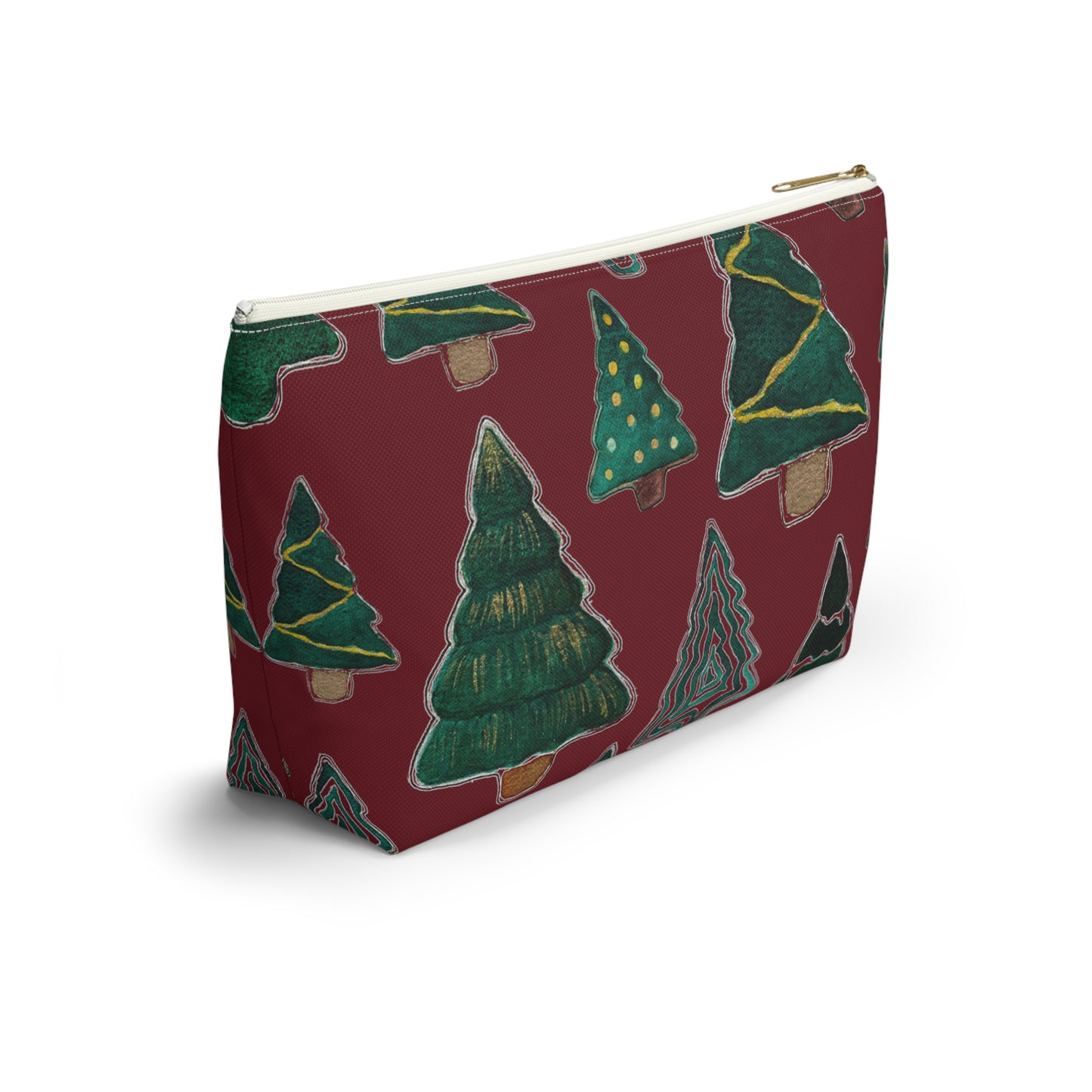 Christmas Tree Cutouts on Maroon Accessory Pouch w T-bottom