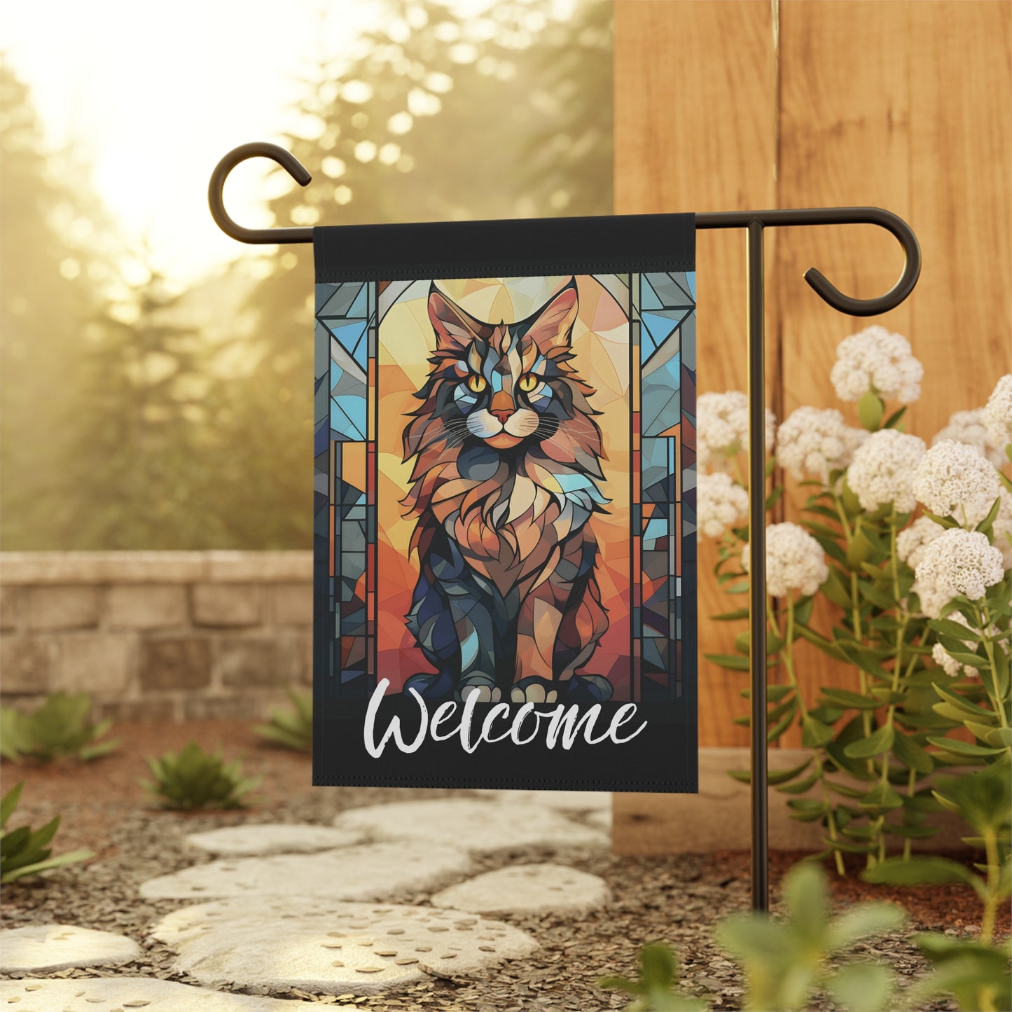 Maine Coon Cat Welcome Stained Glass Look 2-Sided Garden & House Flag/Banner