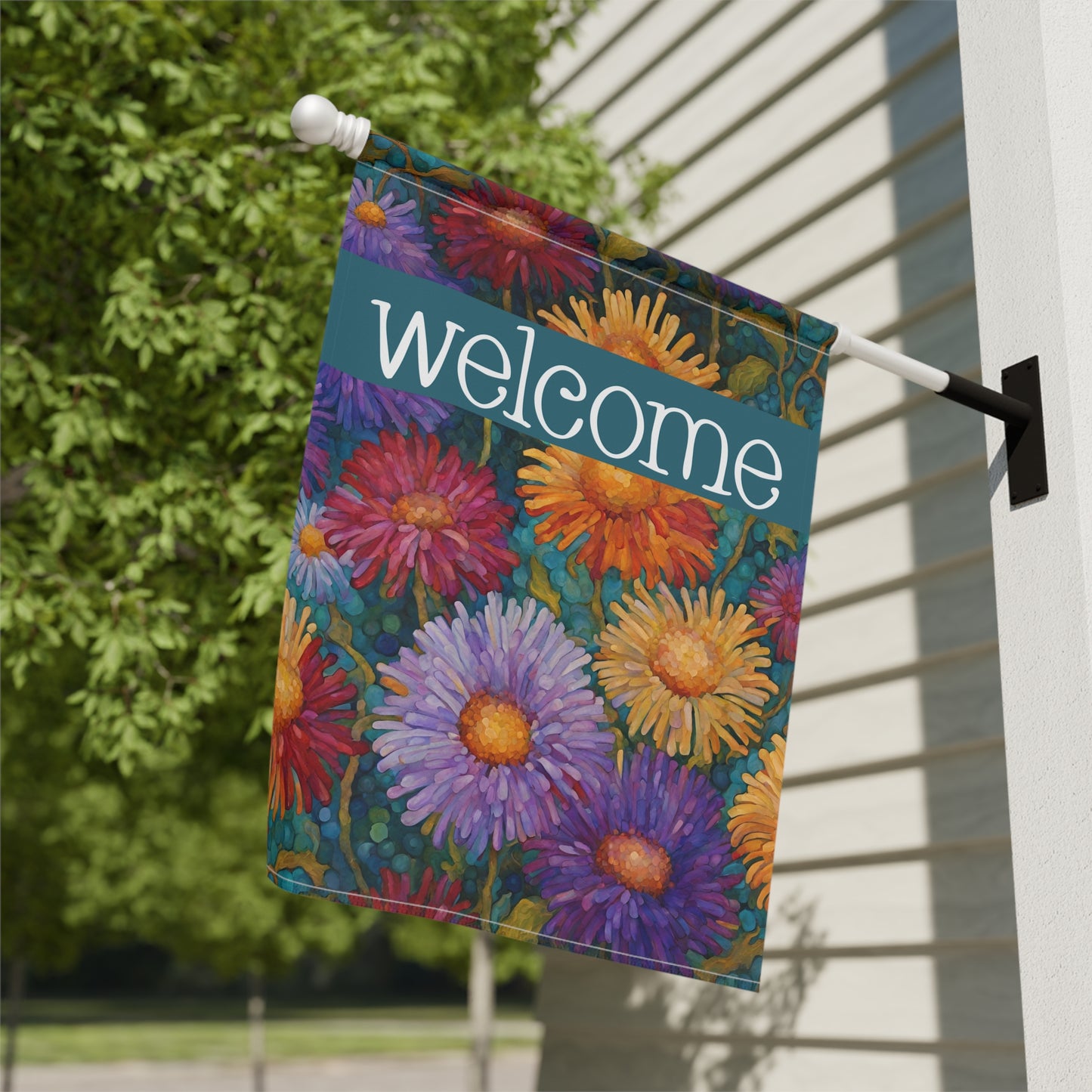 Colorful Asters Welcome 2-Sided Garden & House Flag/Banner