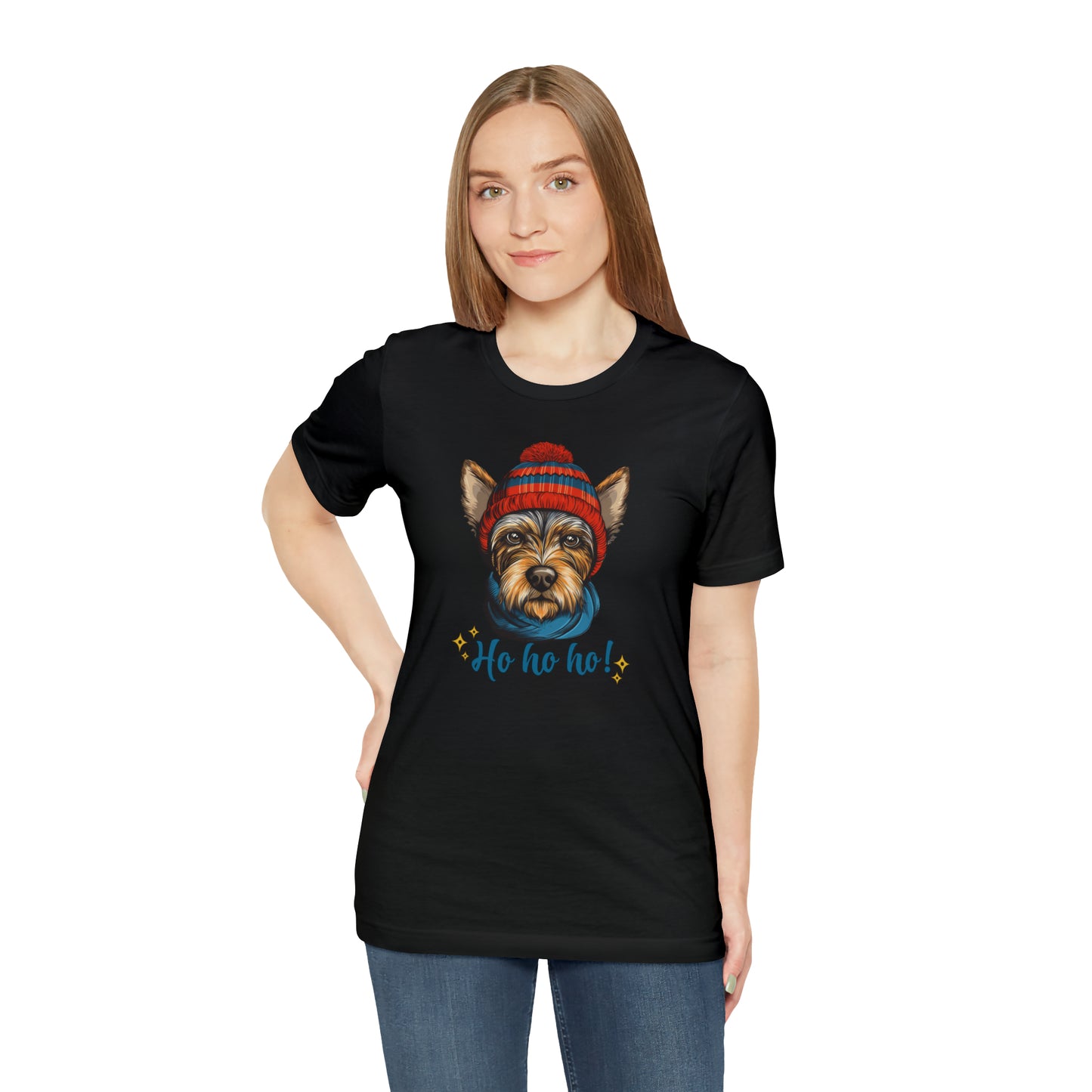 Scottish Terrier in Hat & Scarf Ho Ho Ho Unisex Jersey Short Sleeve Tee