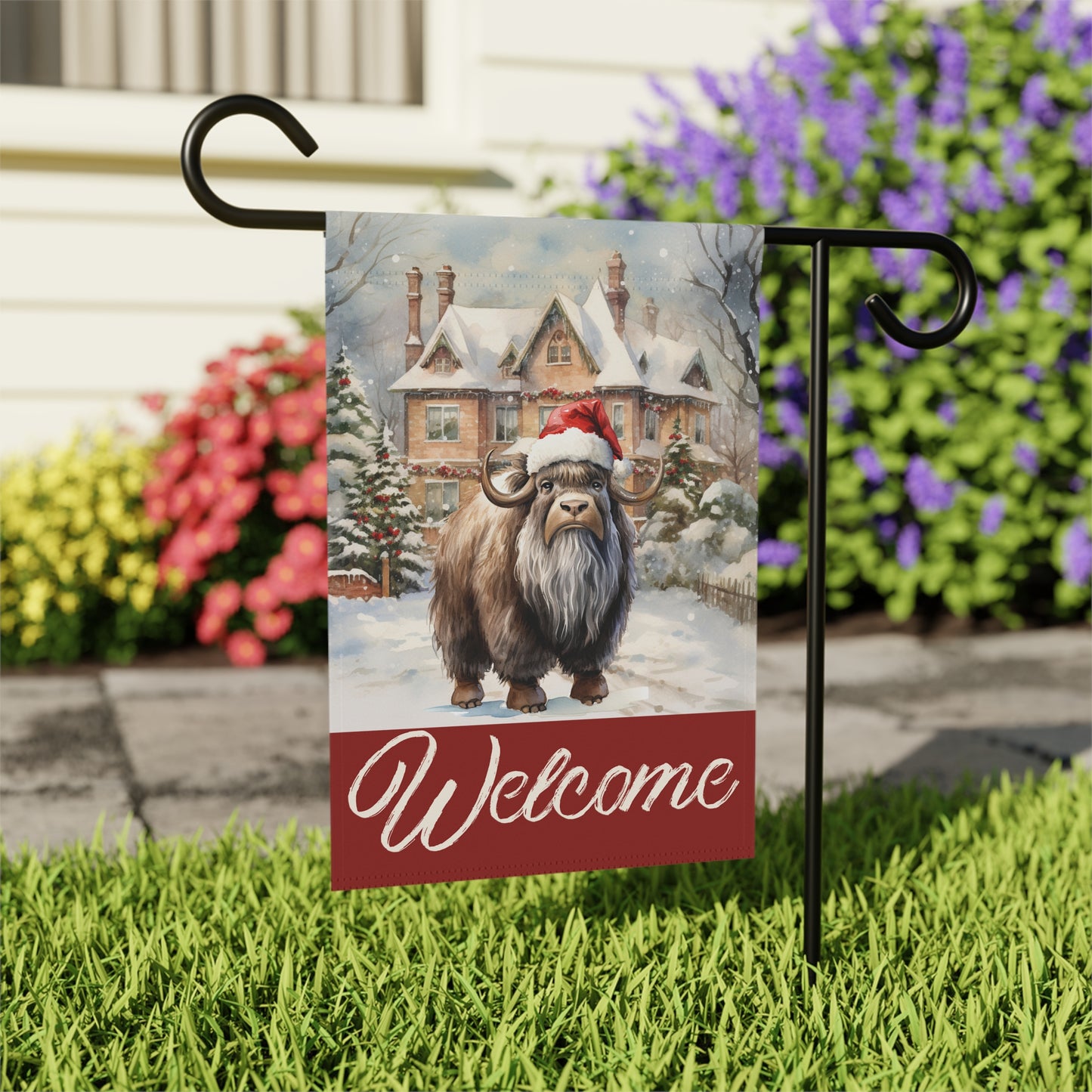 Ox in Santa Hat Welcome 2-Sided Garden & House Flag/Banner