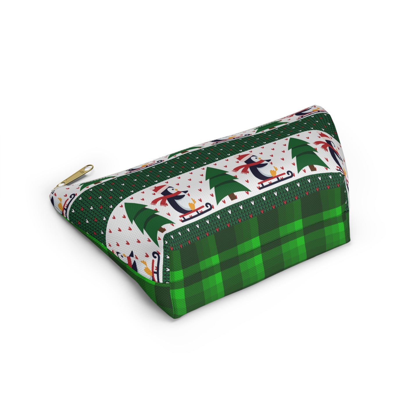 Sledding Penguins Green Plaid Accessory Pouch w T-bottom