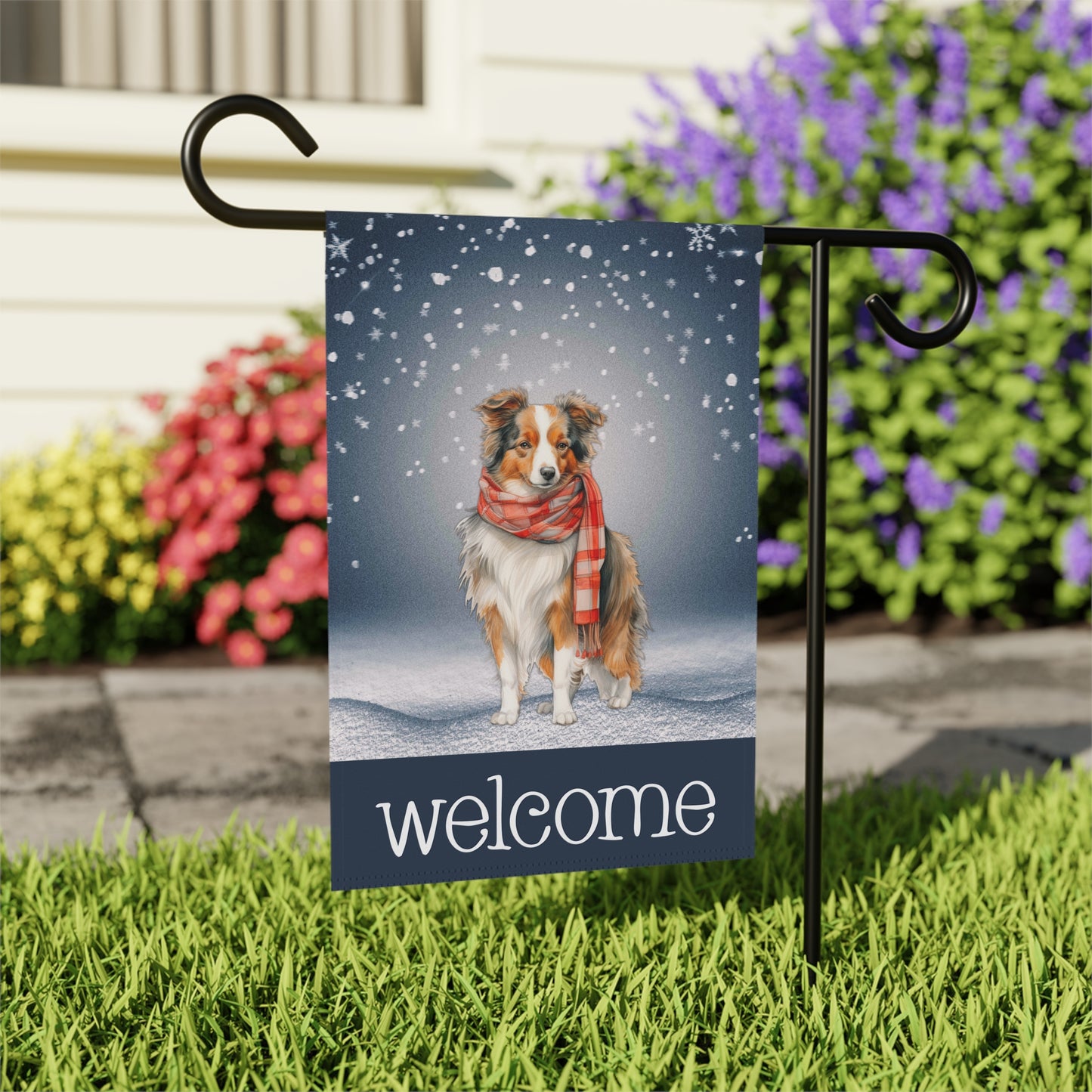 Snowy Welcome Collie in Scarf 2-Sided Garden & House Flag/Banner