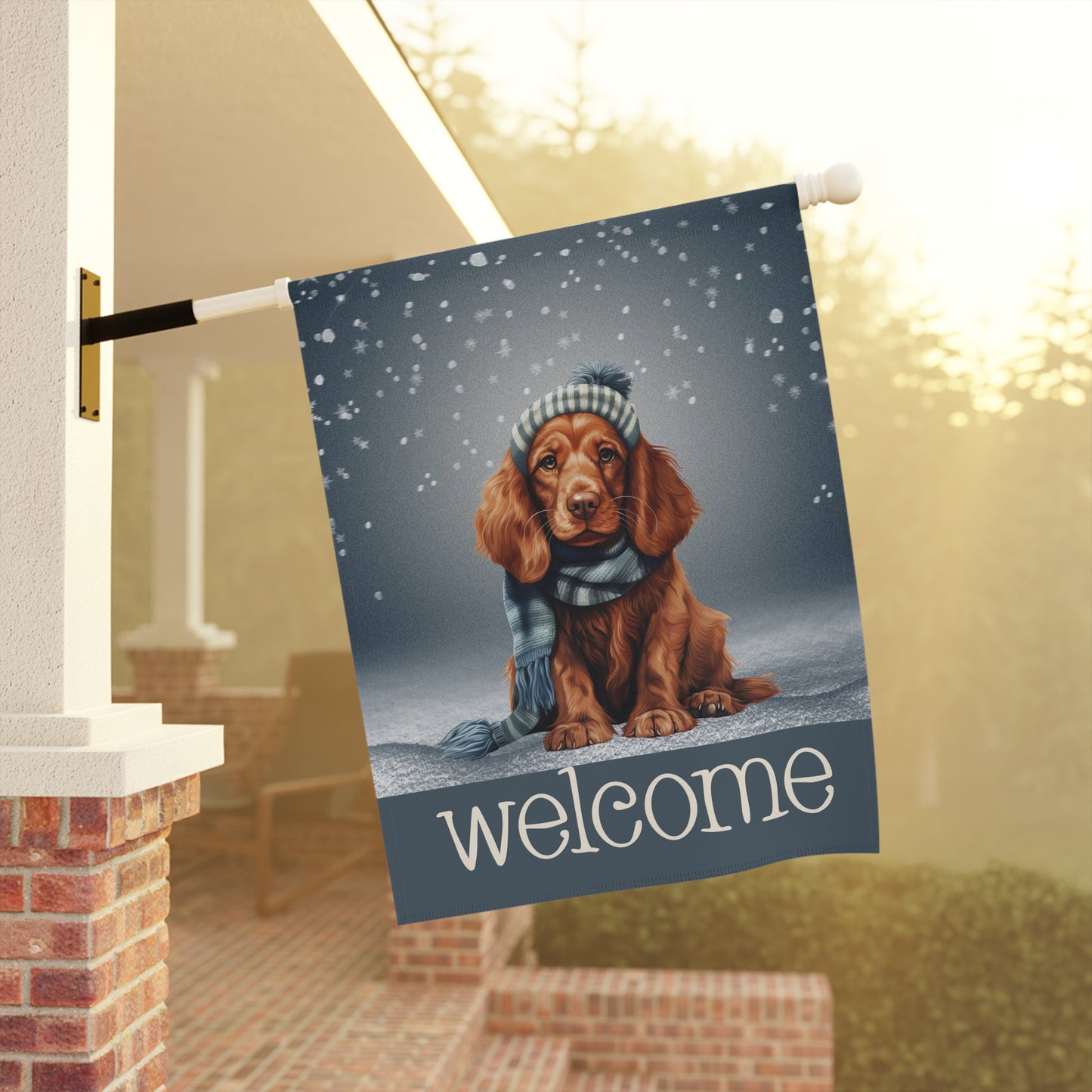 Snowy Welcome Irish Setter in Scarf 2-Sided Garden & House Flag/Banner