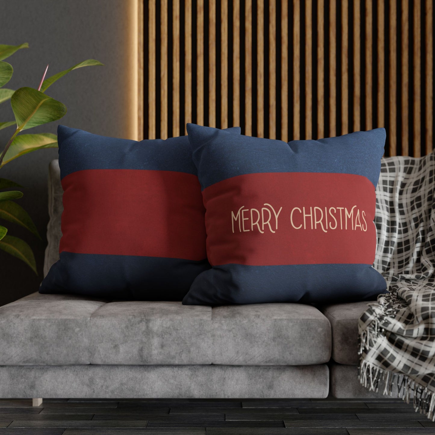 Merry Christmas Red & Navy Square Poly Canvas Pillowcase