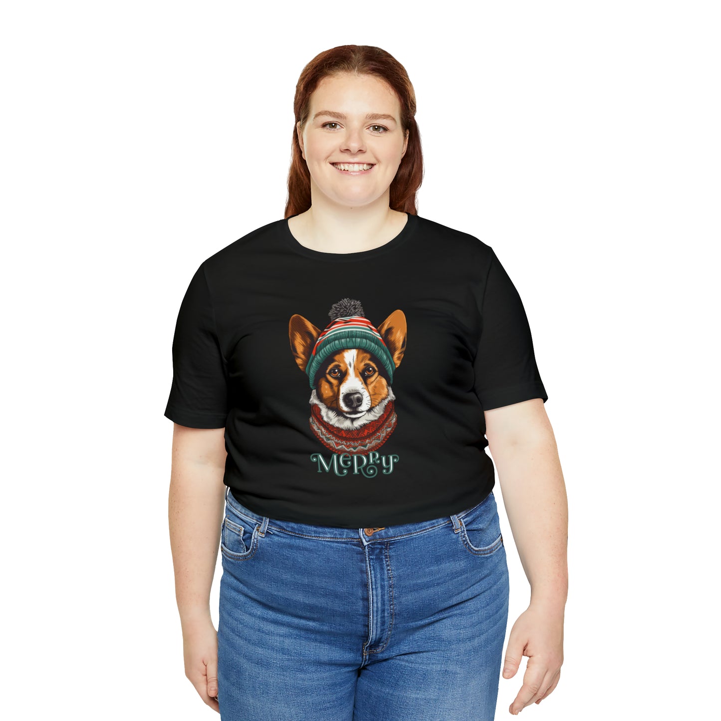 Merry Corgi in Hat & Scarf Unisex Jersey Short Sleeve Tee