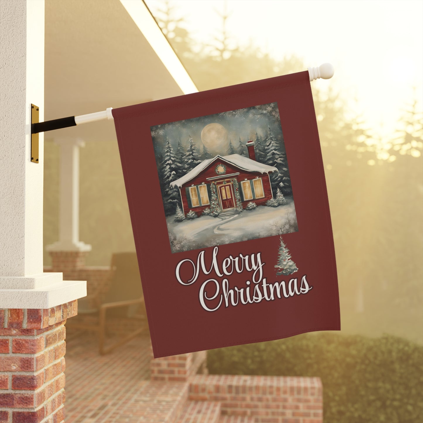 Red Cabin Merry Christmas 2-Sided Garden & House Flag/Banner