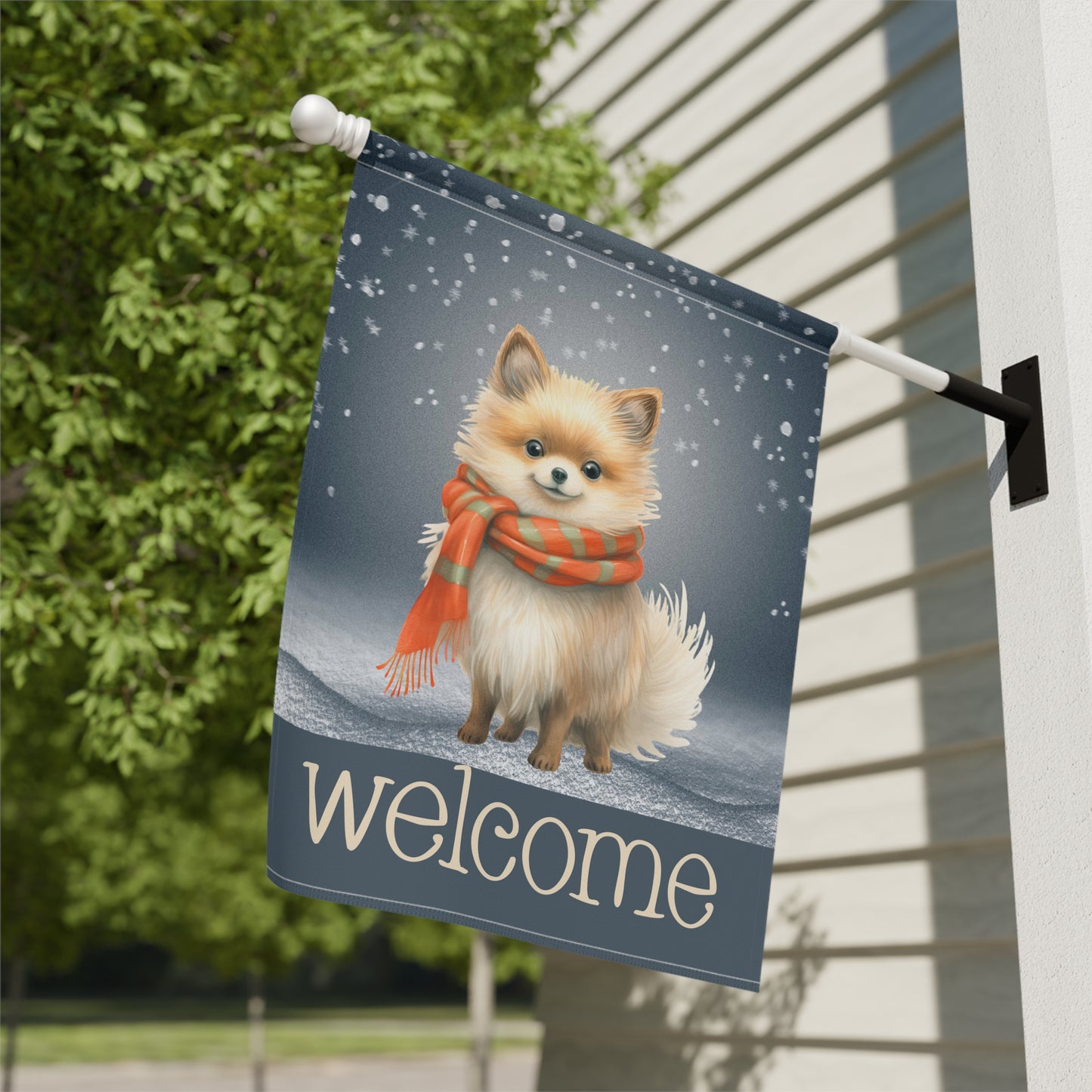 Snowy Welcome Pomeranian in Scarf 2-Sided Garden & House Flag/Banner