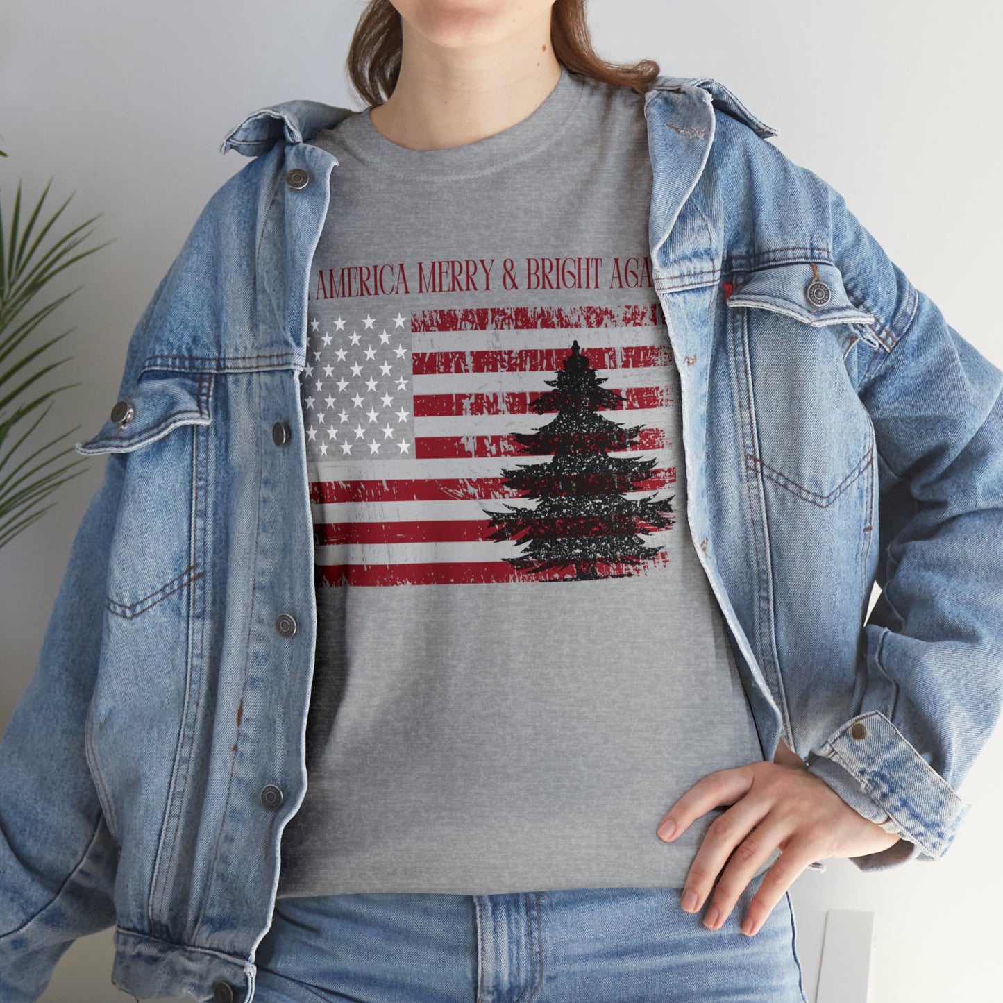 American Flag Make America Merry & Bright Again Unisex Heavy Cotton Tee