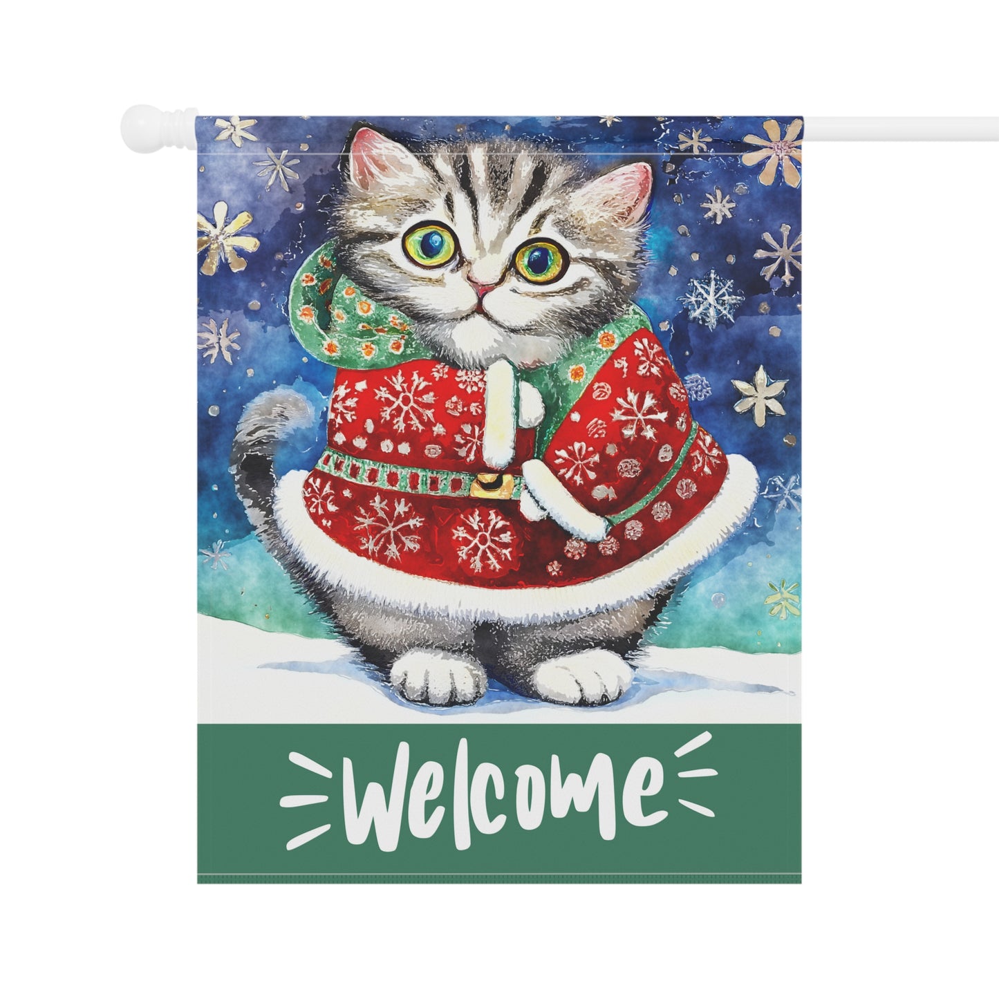 Welcome Whiskers Christmas Cat 2-Sided Garden & House Flag/Banner