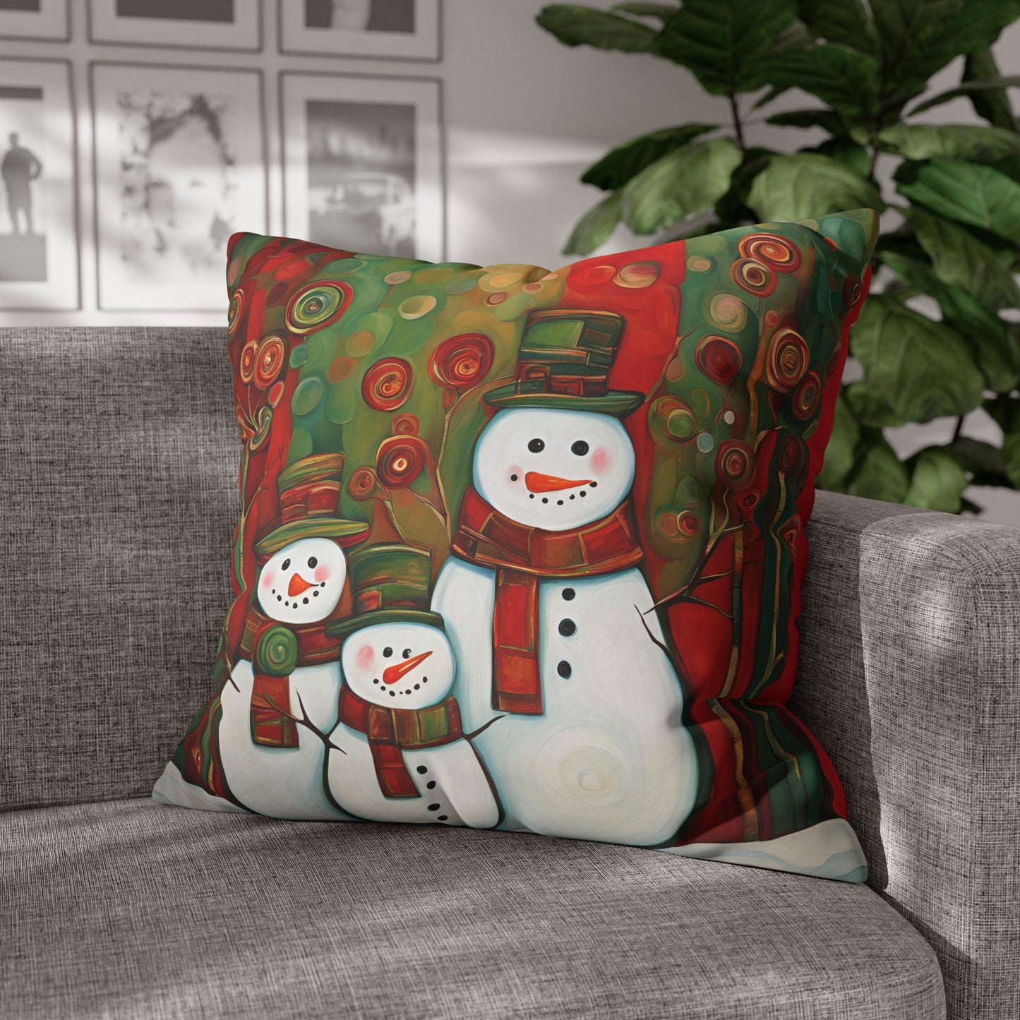 Snowman Family Square Poly Canvas Pillowcase