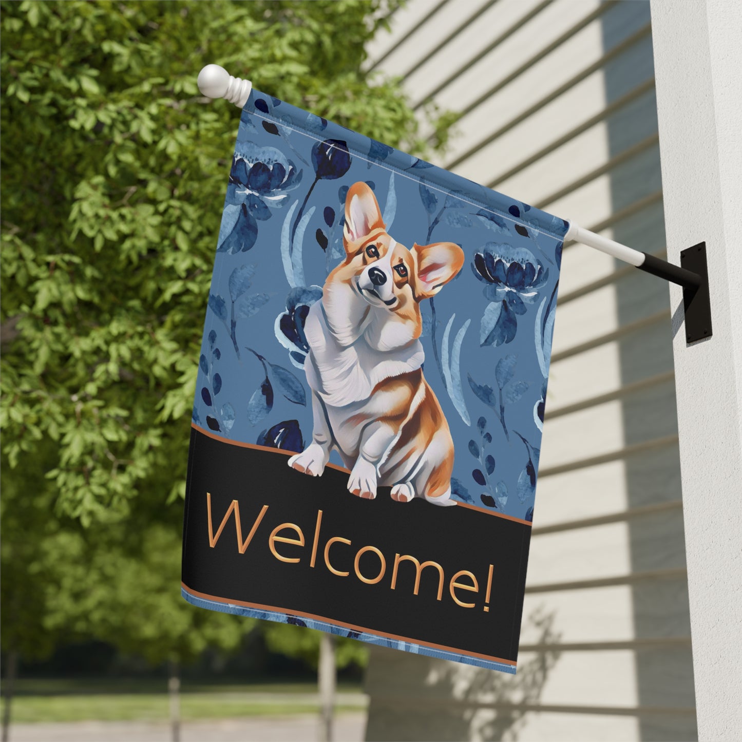 Corgi on Blue Welcome 2-Sided Garden & House Flag/Banner