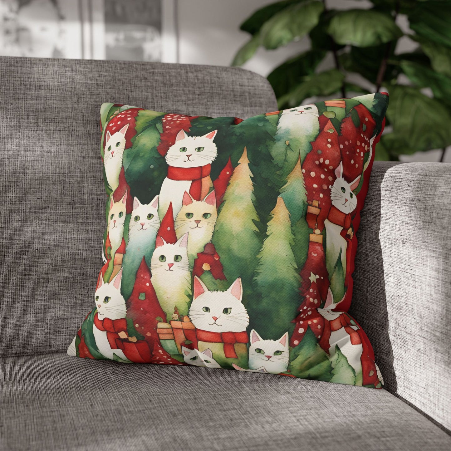 Meowy Christmas Square Poly Canvas Pillowcase