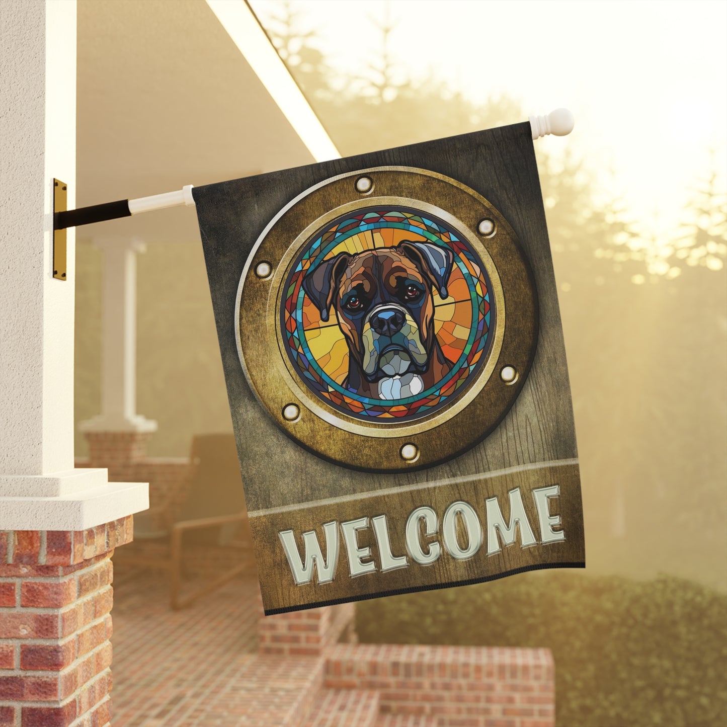 Boxer In Port Hole Welcome 2-Sided Garden & House Flag/Banner