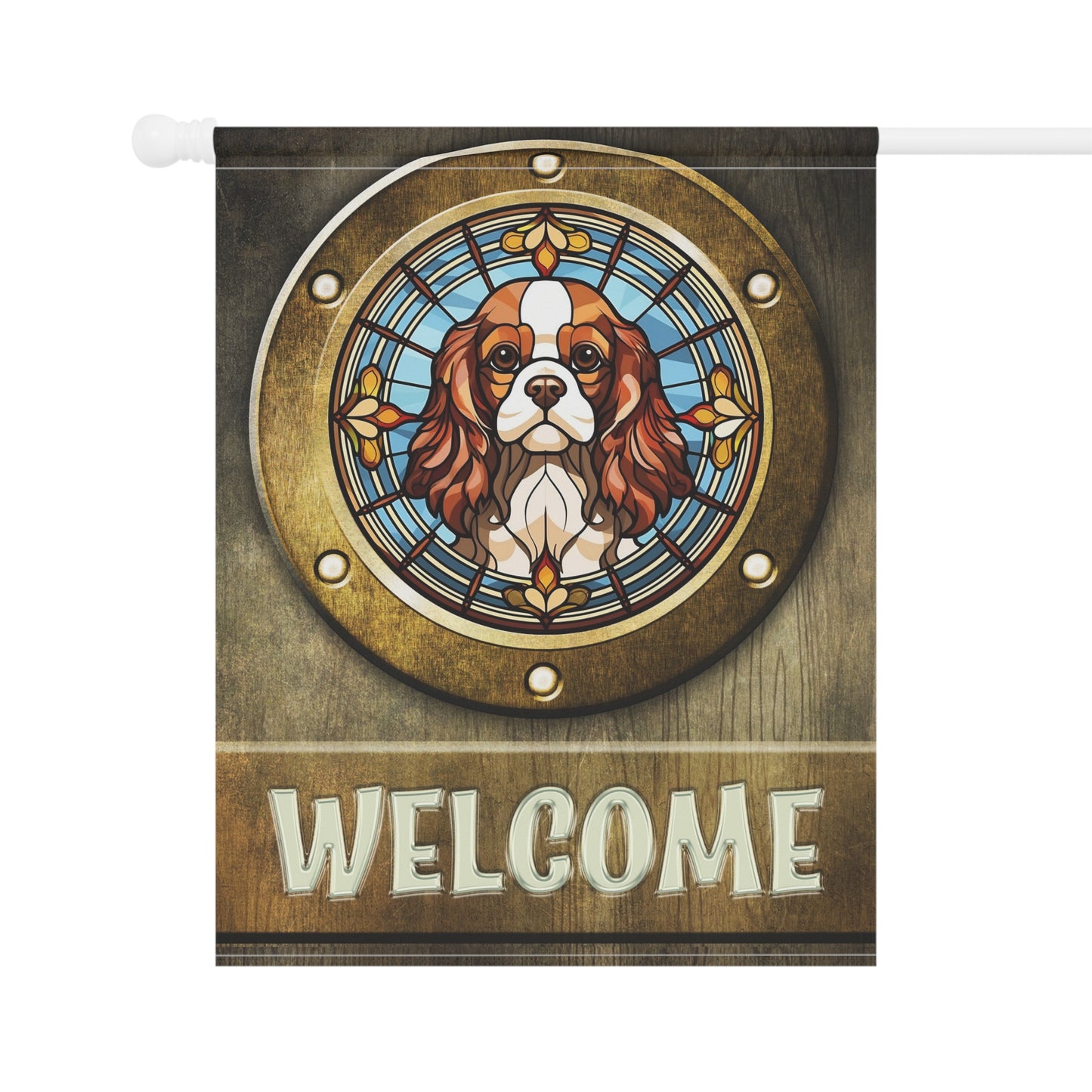 Cavalier King Charles in Port Hole Welcome 2-Sided Garden & House Flag/Banner