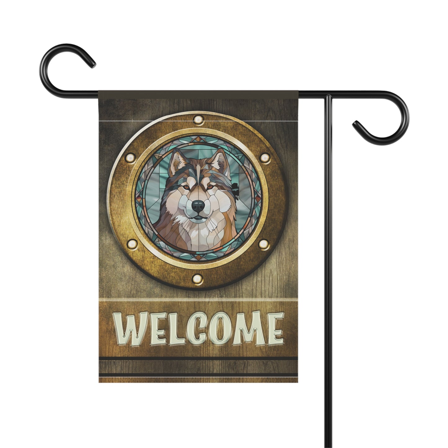 Alaskan Malamute in Port Hole Welcome 2-Sided Garden & House Flag/Banner