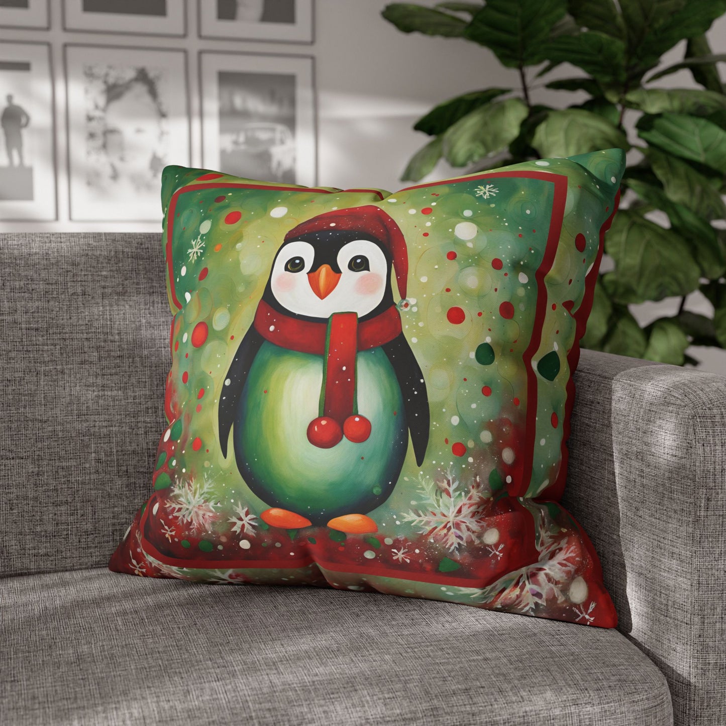 Holiday Penguin Square Poly Canvas Pillowcase