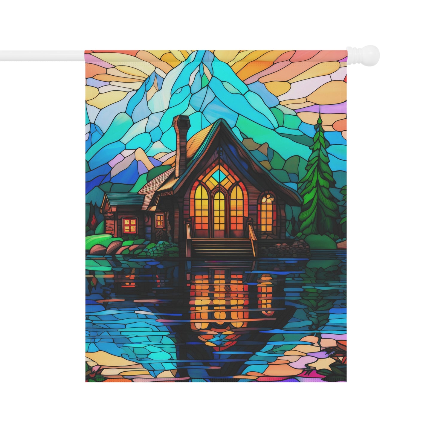 Mountain Cabin Paradise Stained Glass Look 2-Sided Garden & House Flag/Banner