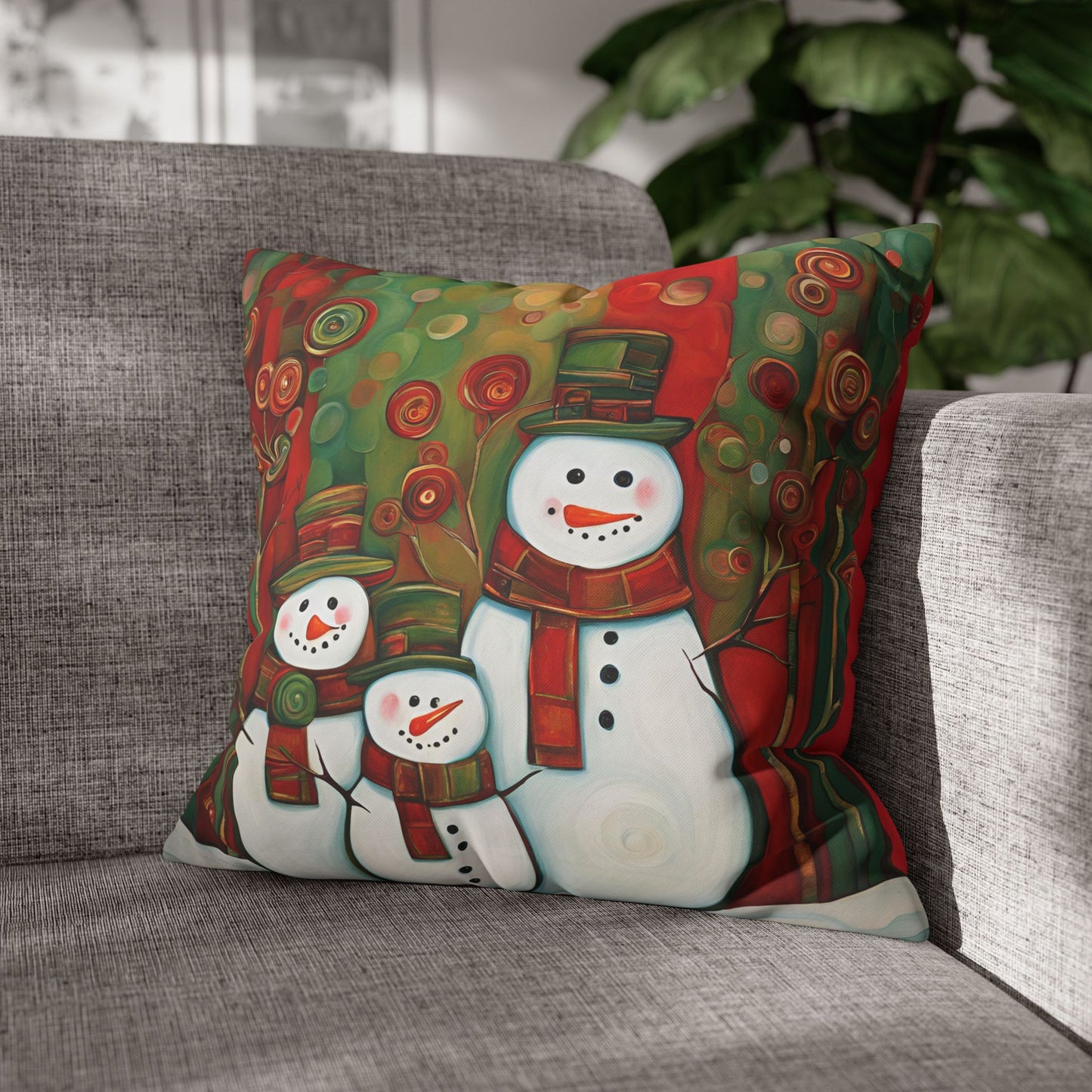 Snowman Family Square Poly Canvas Pillowcase