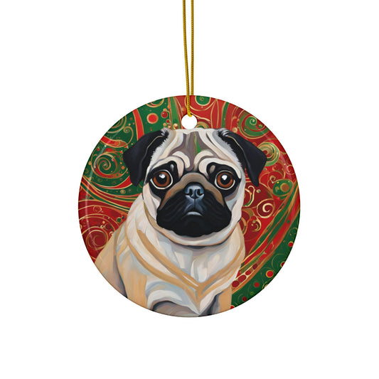 Pug Christmas 3" Ceramic Ornaments, 2-Side Print, (1pc, 10pcs)