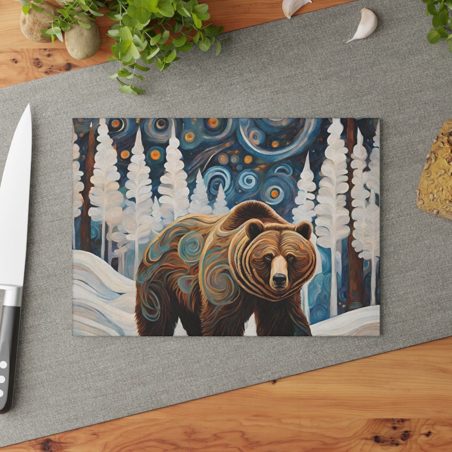 Grizzly in the Snow Tempered Glass Cutting Board