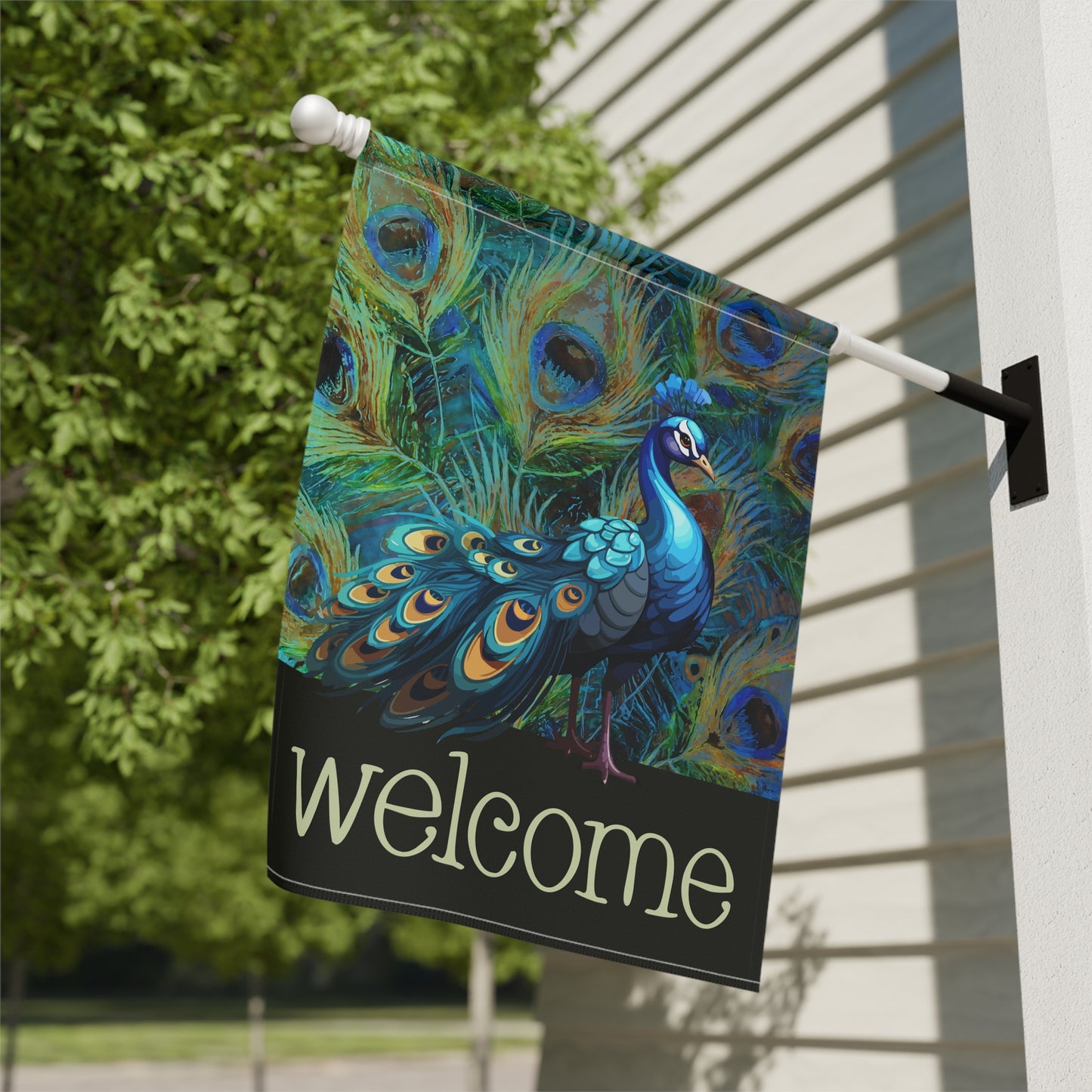 Flaunting Peacock Welcome 2-Sided Garden & House Flag/Banner