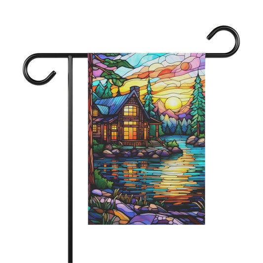 Sunset Mountain Cabin Stained Glass Look 2-Sided Garden & House Flag/Banner