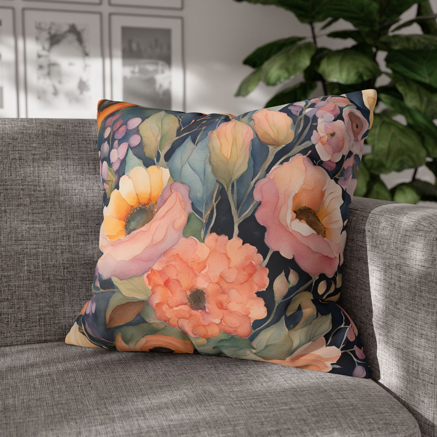 Charline Watercolor Floral Square Poly Canvas Pillowcase