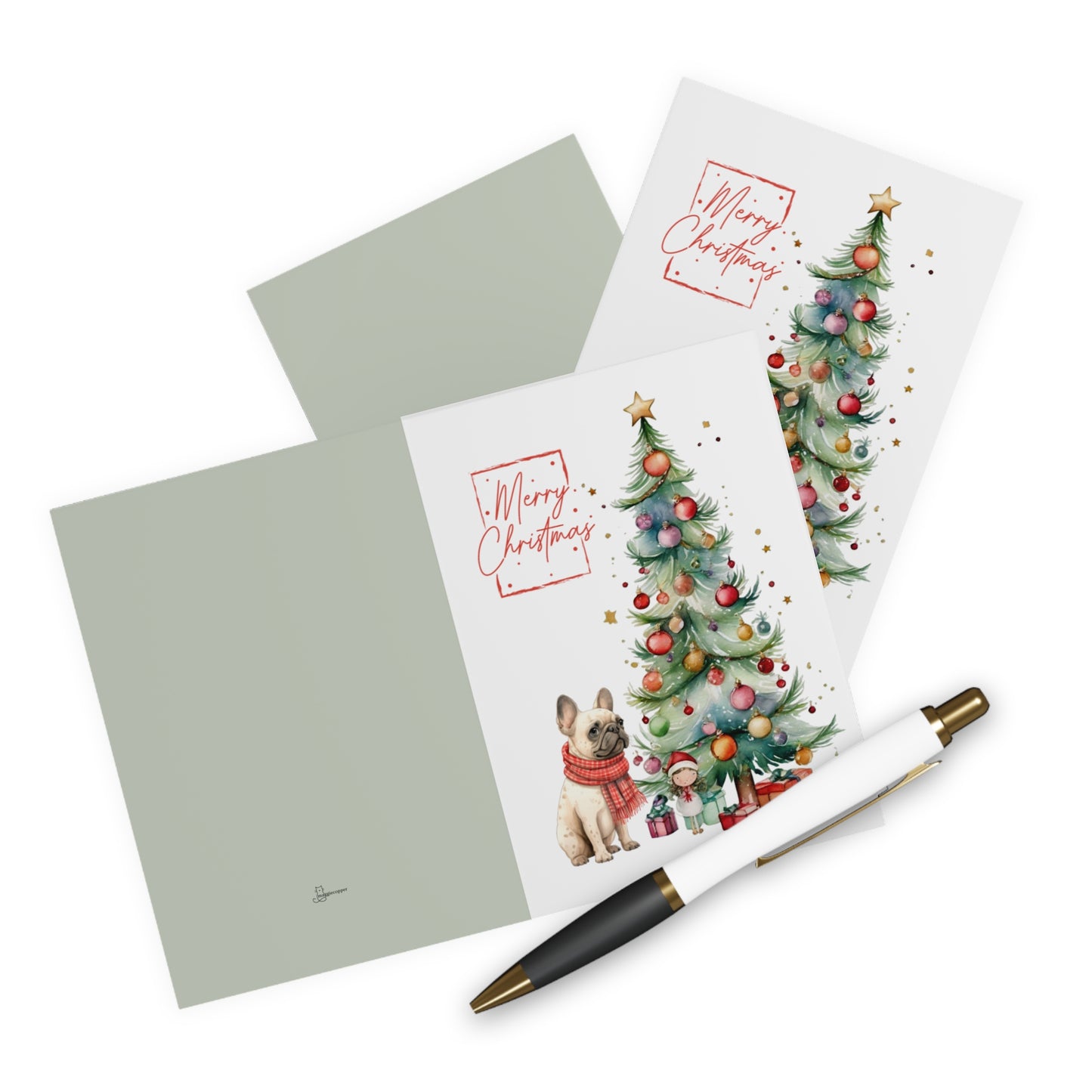 French Bulldog Merry Christmas Tree Cards (5 Pack Blank Inside)