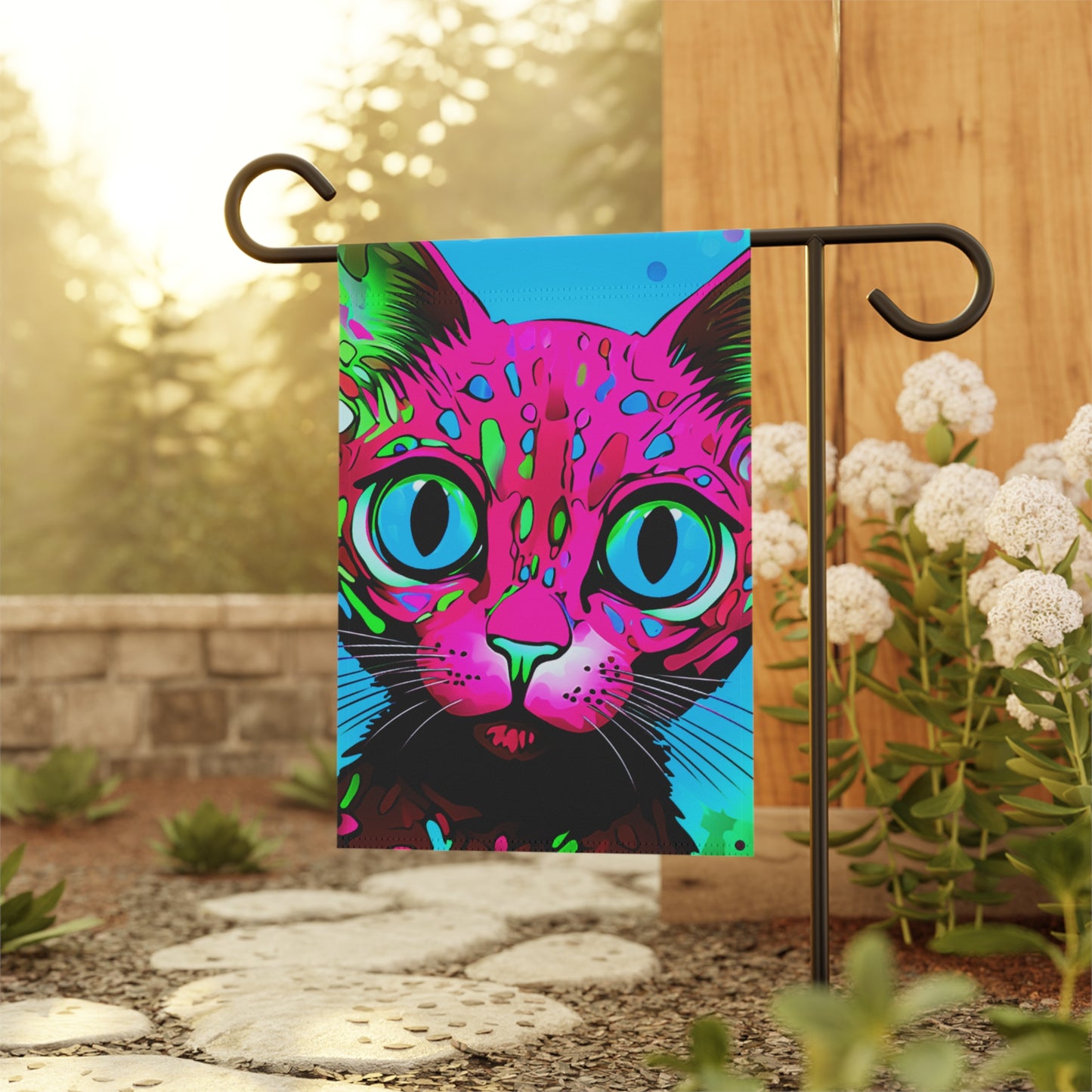 Neon Cat Face Maximalist 2-Sided Garden & House Flag/Banner