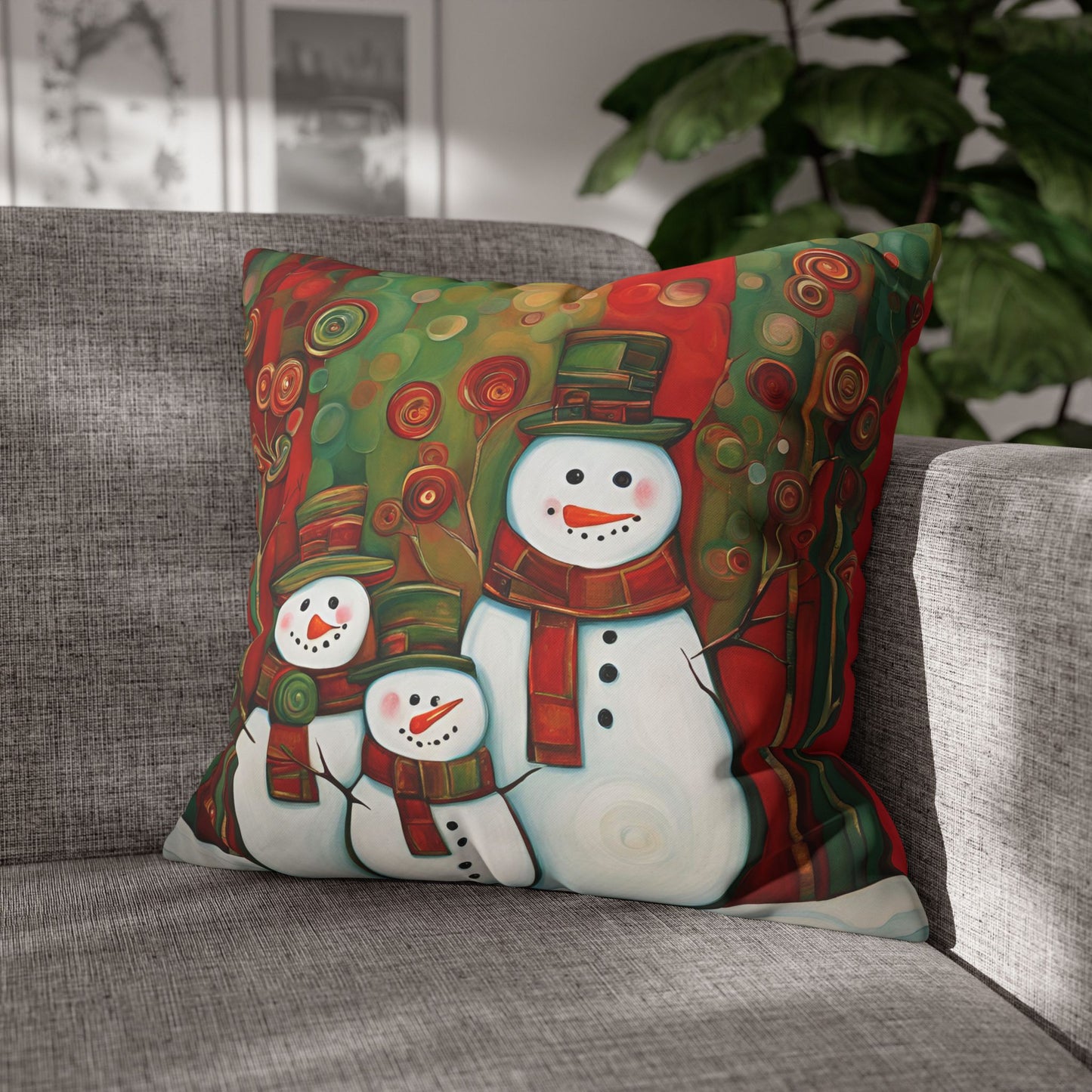 Snowman Family Square Poly Canvas Pillowcase