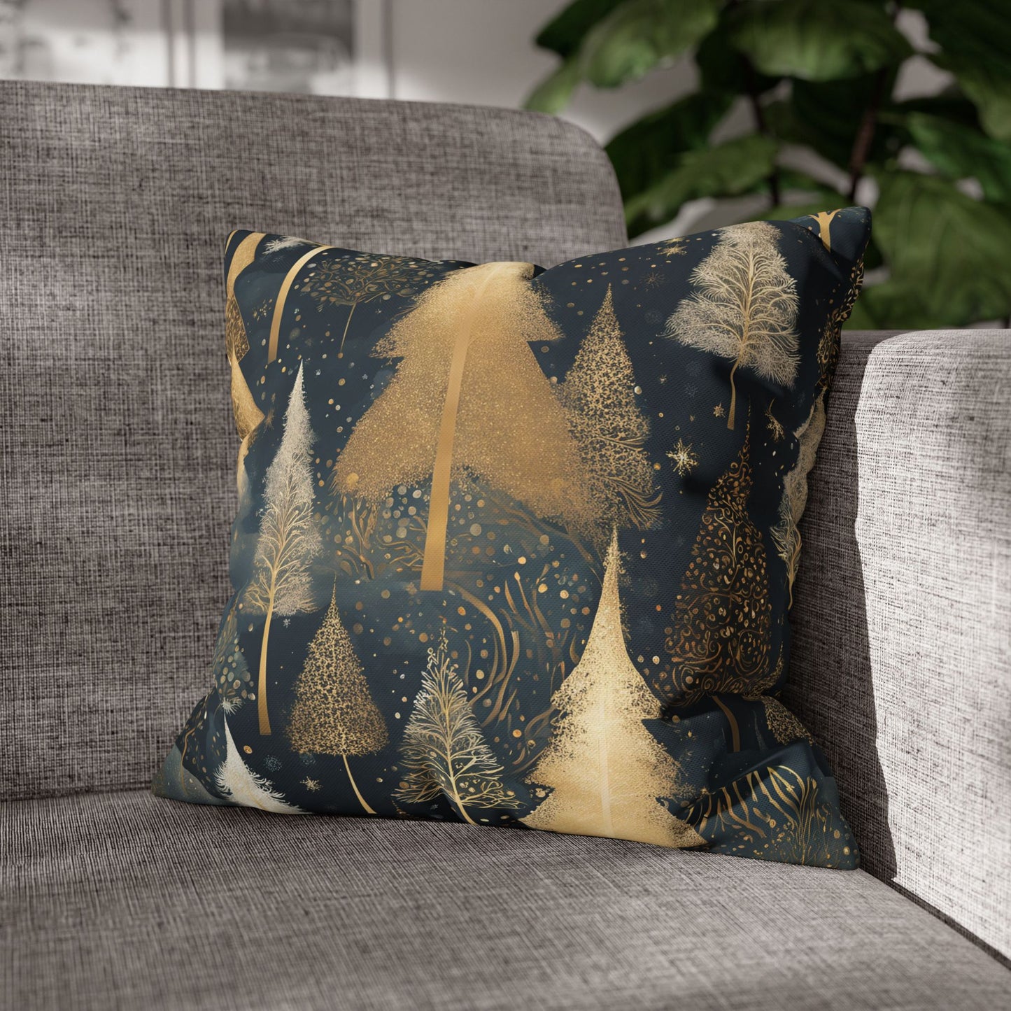 Golden Evergreens on Navy Square Poly Canvas Pillowcase