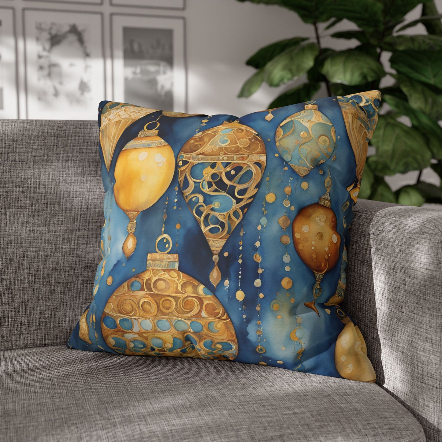 Gold Ornaments Abstract Watercolor Square Poly Canvas Pillowcase