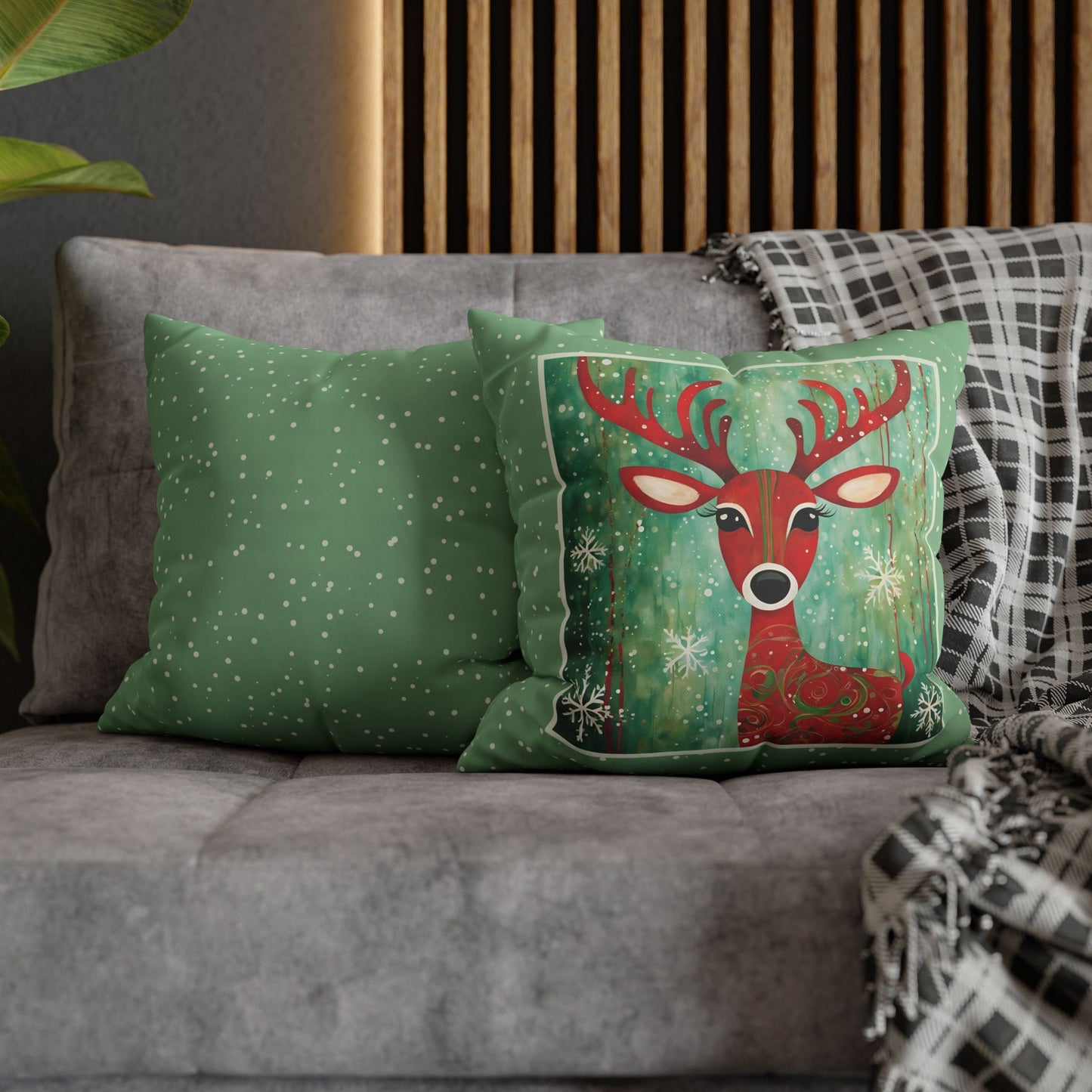 Red Reindeer Square Poly Canvas Pillowcase