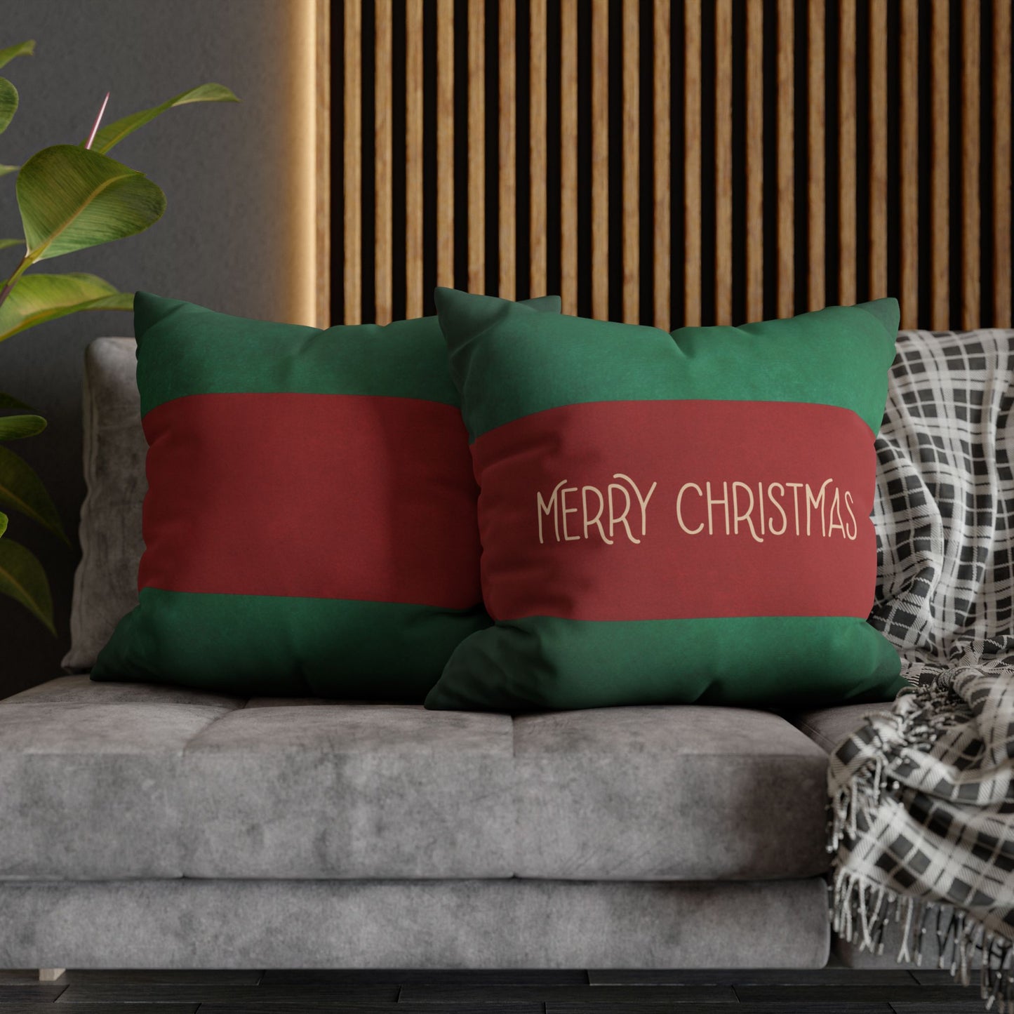 Merry Christmas Red & Green Square Poly Canvas Pillowcase