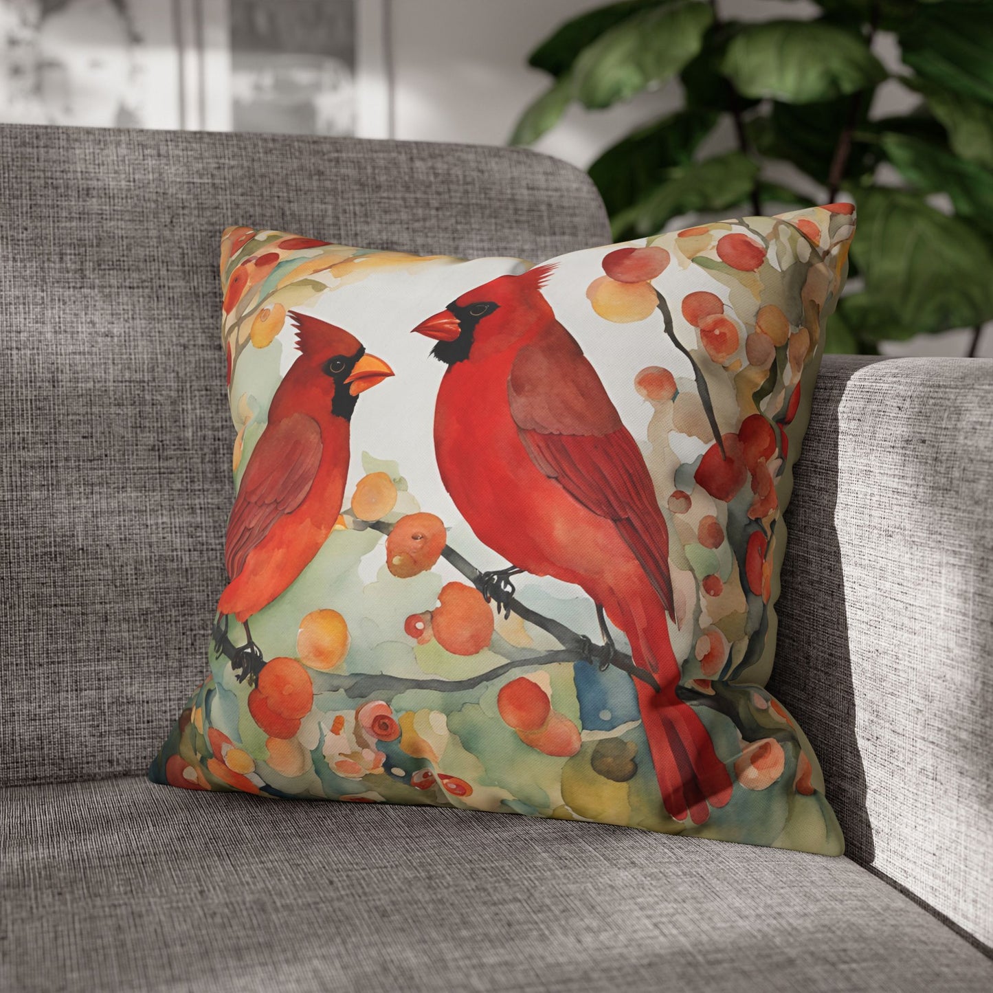 Autumn Cardinals Square Poly Canvas Pillowcase