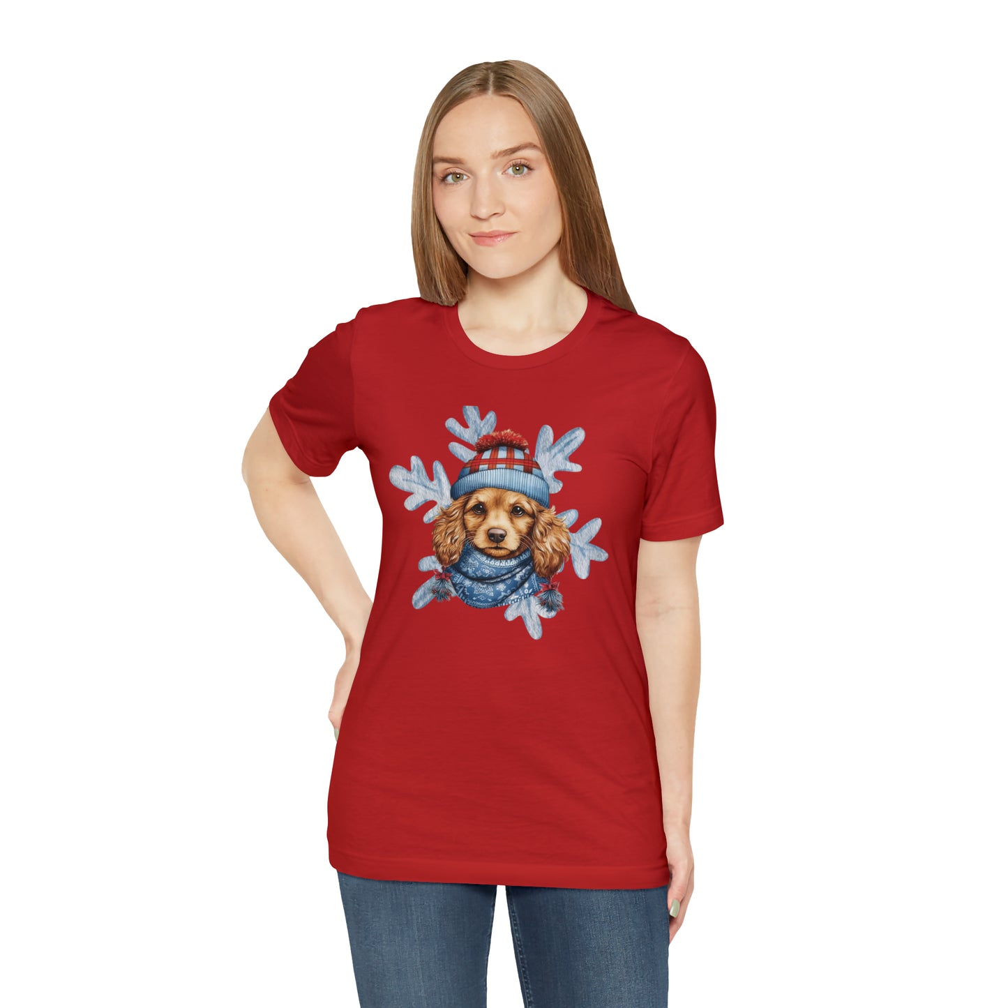 Snow Dog Cute Christmas Dog in Hat & Scarf Unisex Jersey Short Sleeve Tee