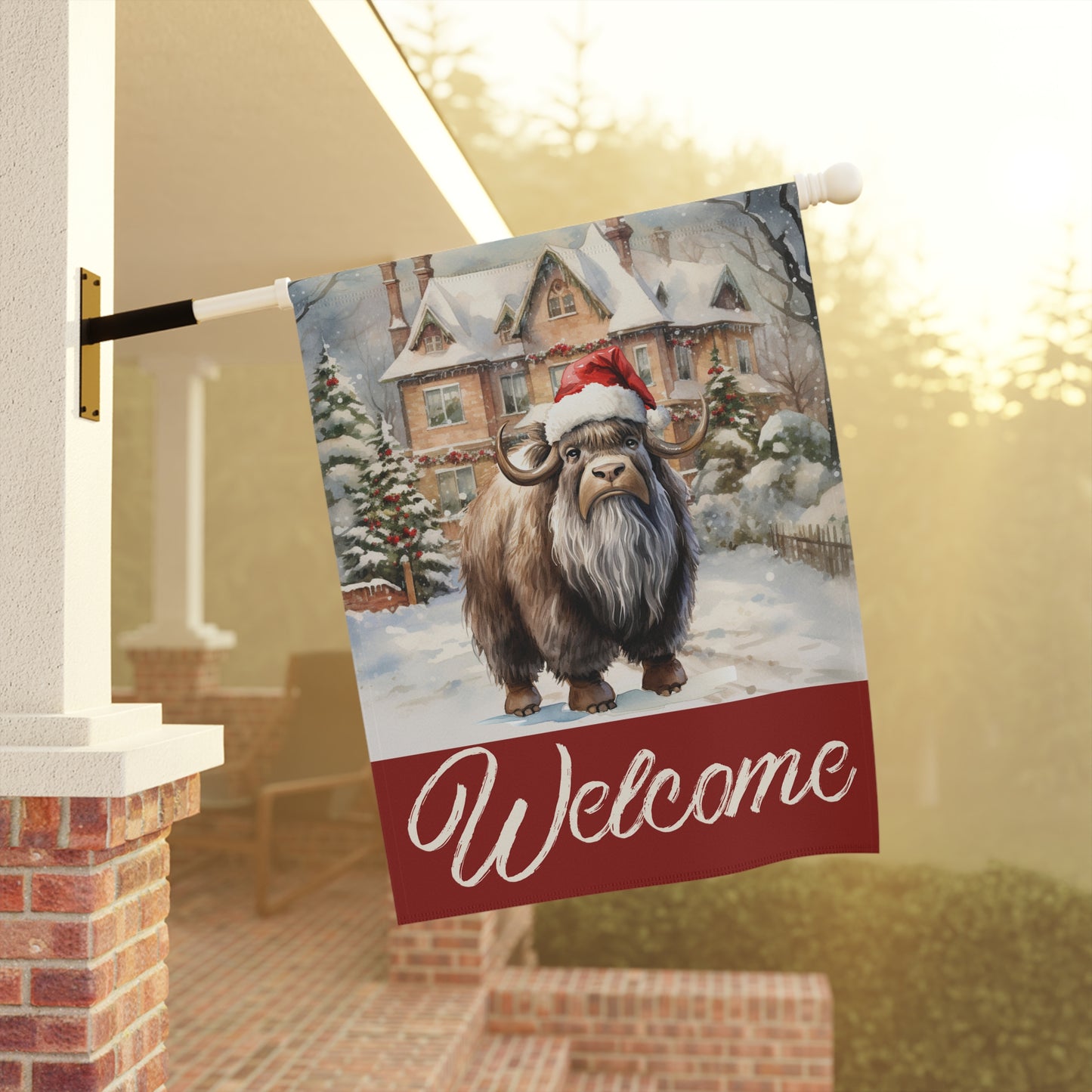 Ox in Santa Hat Welcome 2-Sided Garden & House Flag/Banner