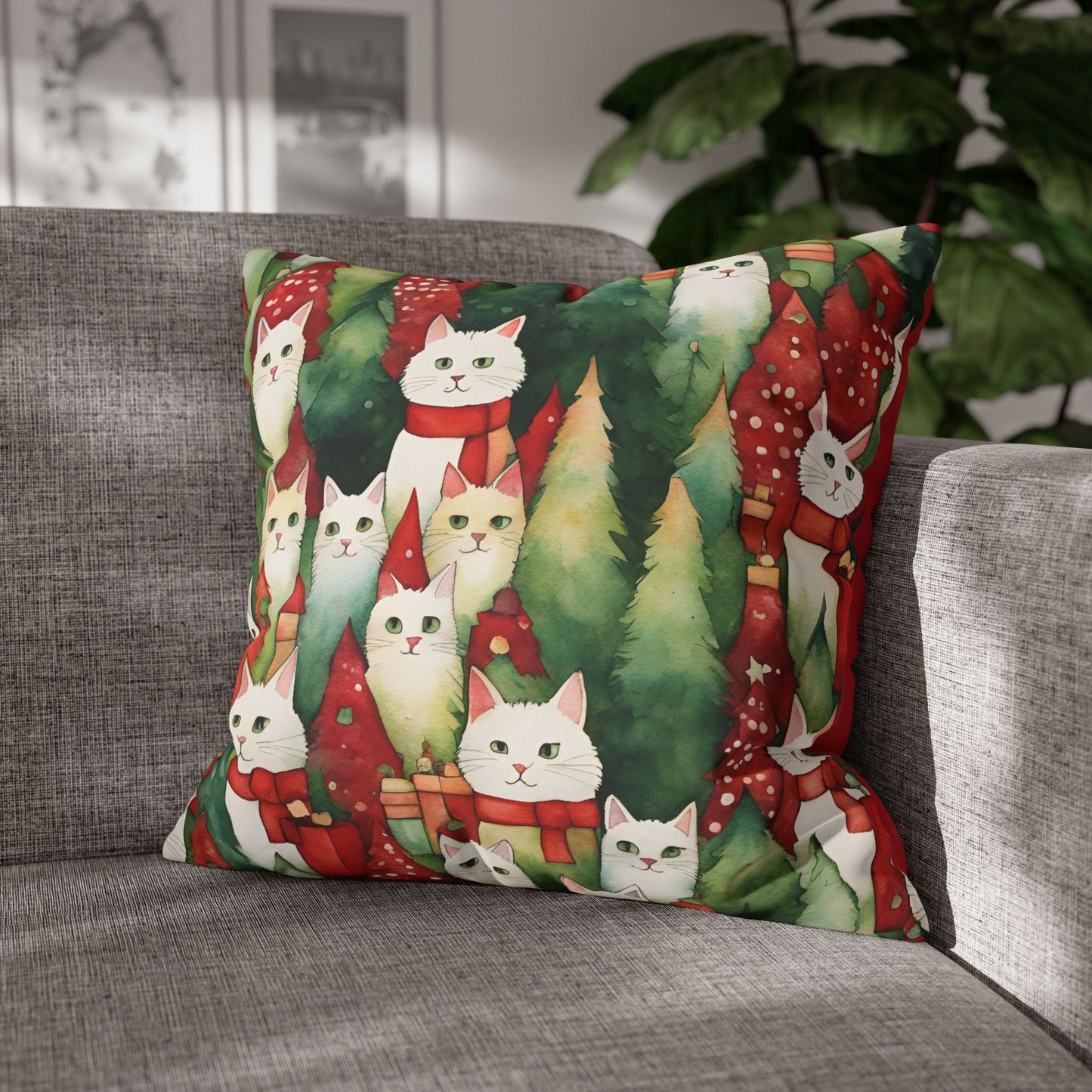 Meowy Christmas Square Poly Canvas Pillowcase