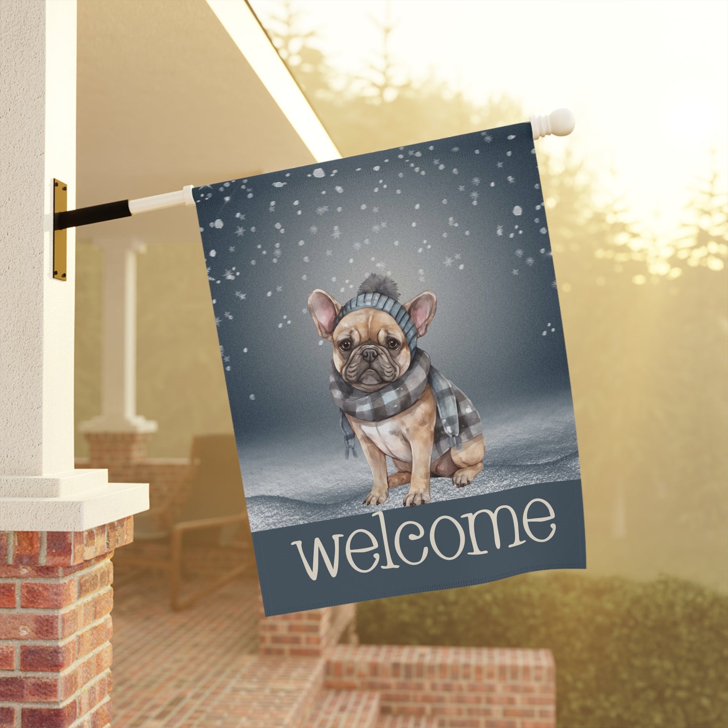 Snowy Welcome French Bulldog in Scarf 2-Sided Garden & House Flag/Banner