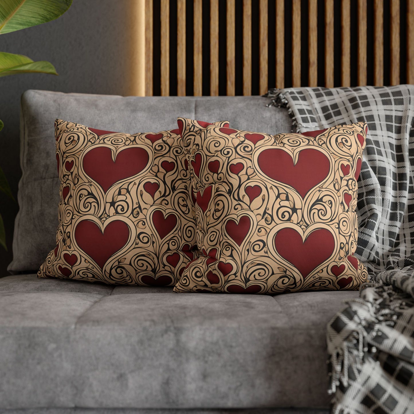 Hearts on Khaki Square Poly Canvas Pillowcase