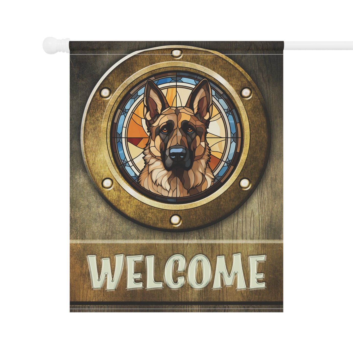 German Shepherd in Port Hole Welcome 2-Sided Garden & House Flag/Banner