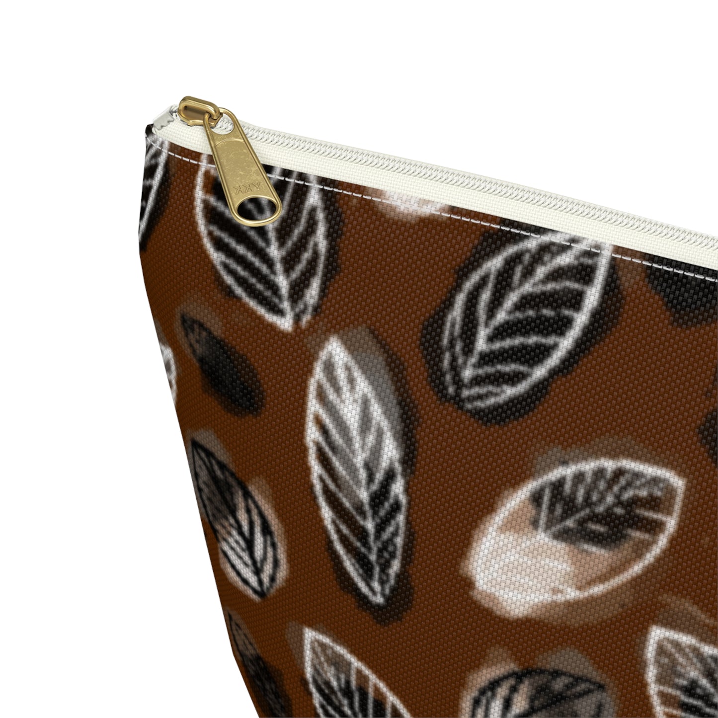 Gertie Black & Cream Abstract Leaves on Brown Makeup Zipper Accessory Pouch w T-bottom